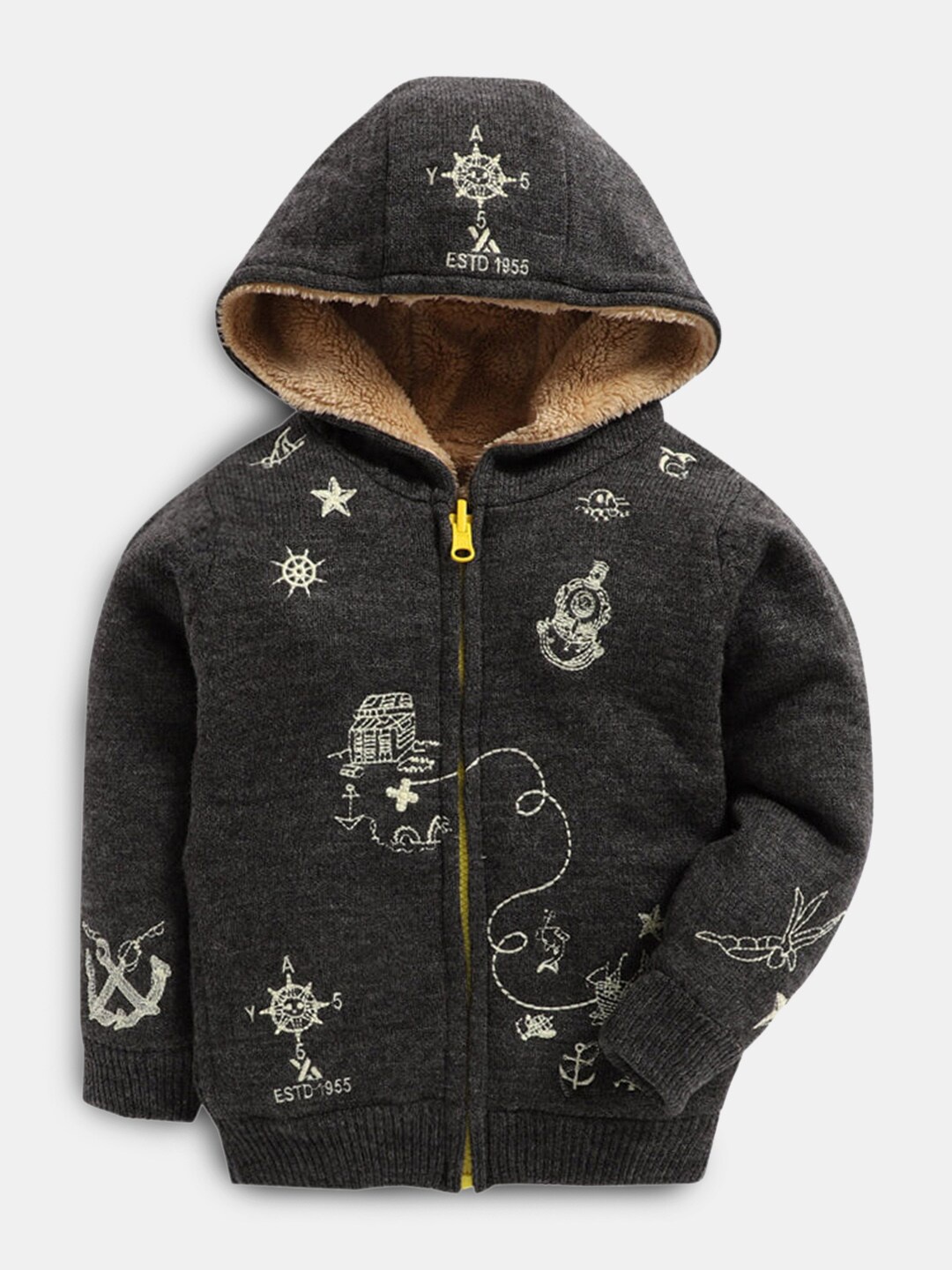 

Hopscotch Boys Black Printed Hooded Sweatshirt