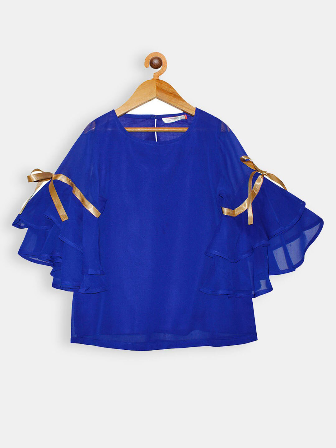 

Hopscotch Blue Solid Lace Up Bell Sleeves Regular Top