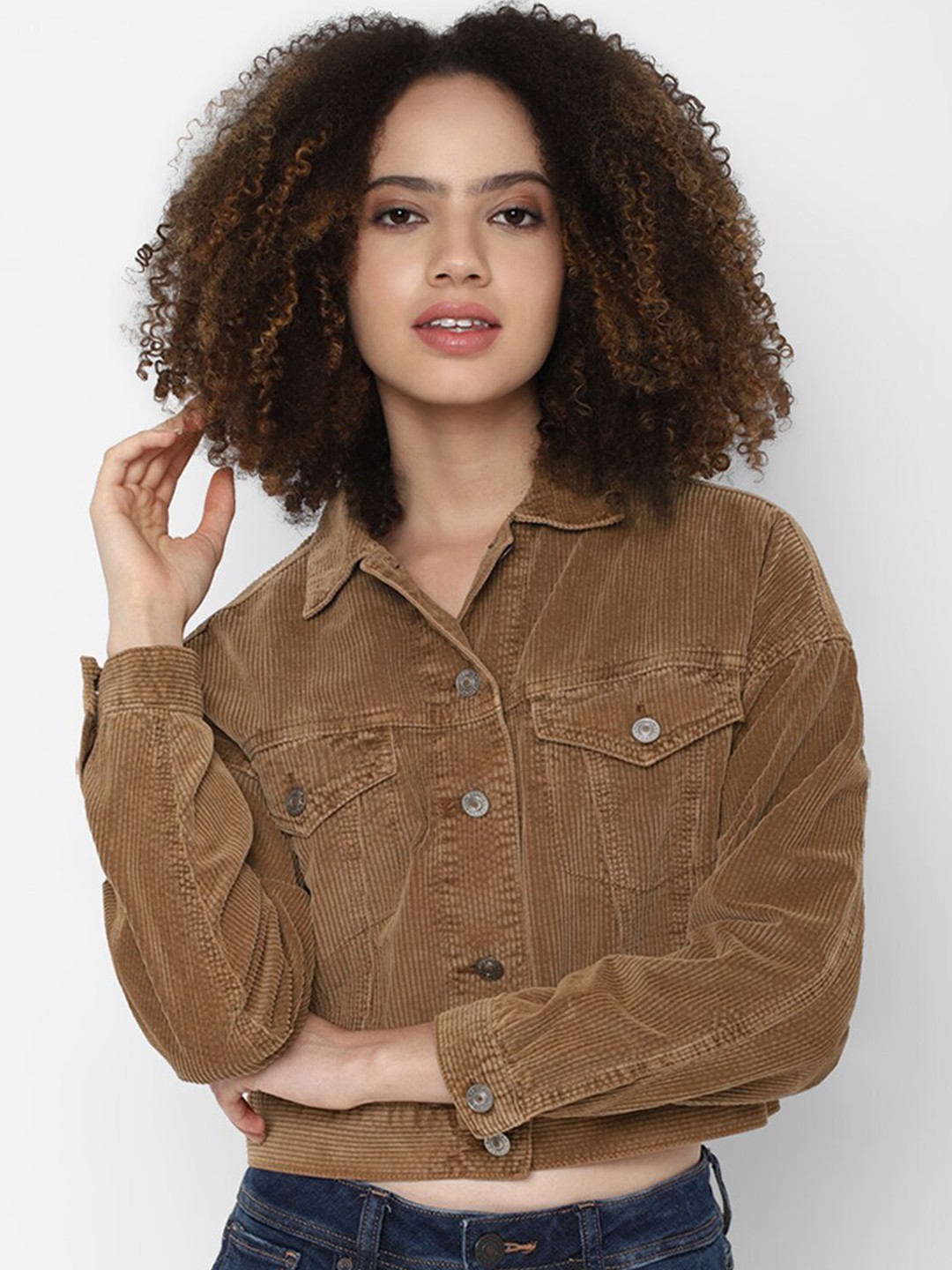 

AMERICAN EAGLE OUTFITTERS Women Brown Washed Crop Denim Jacket