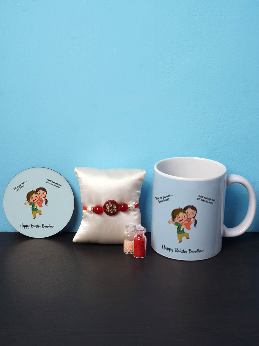 

Crazy Corner Rakhi and Mug Combo with Coaster, Red