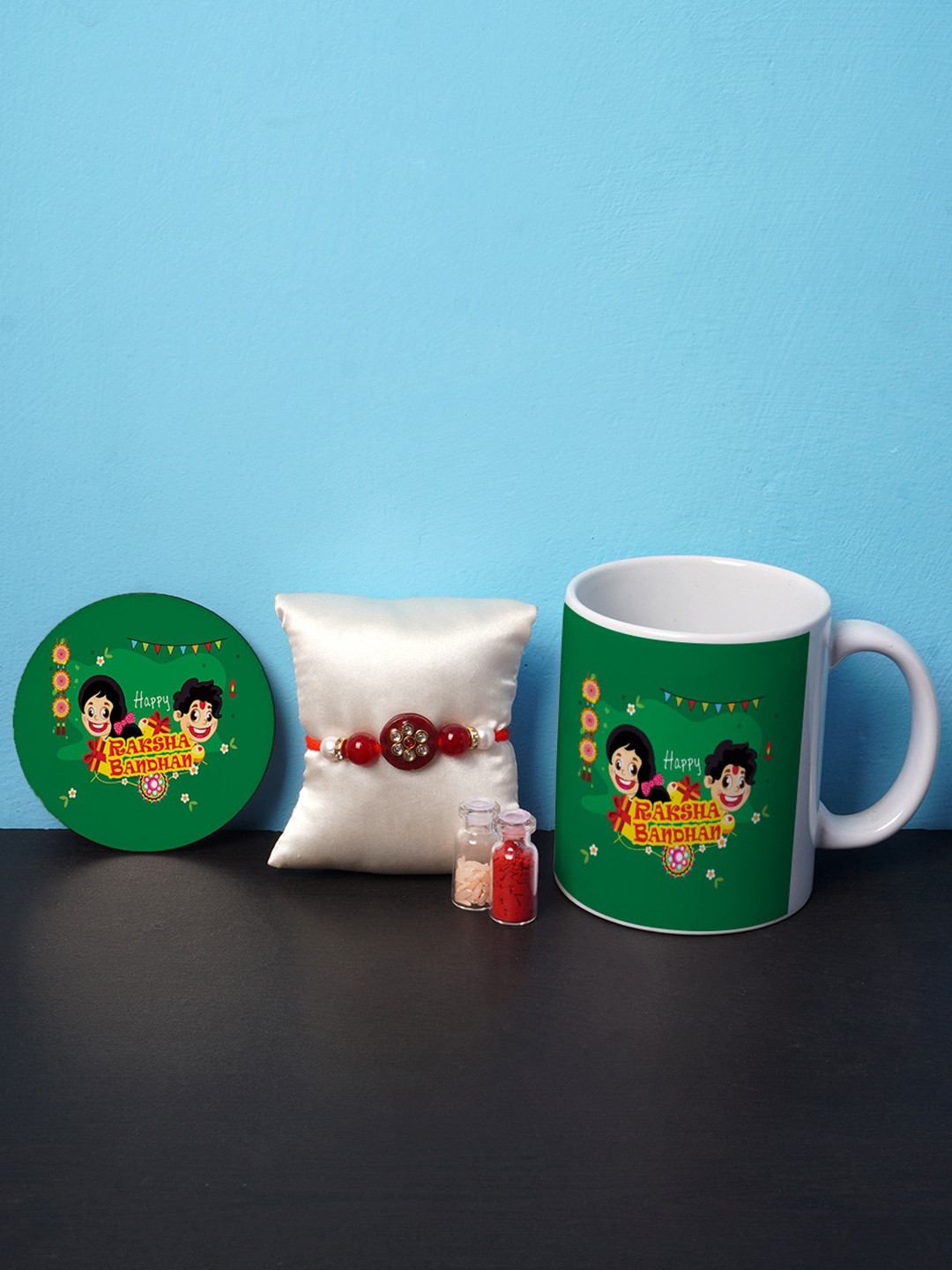 

Crazy Corner Red & Green Rakhi & Mug Combo with Coaster