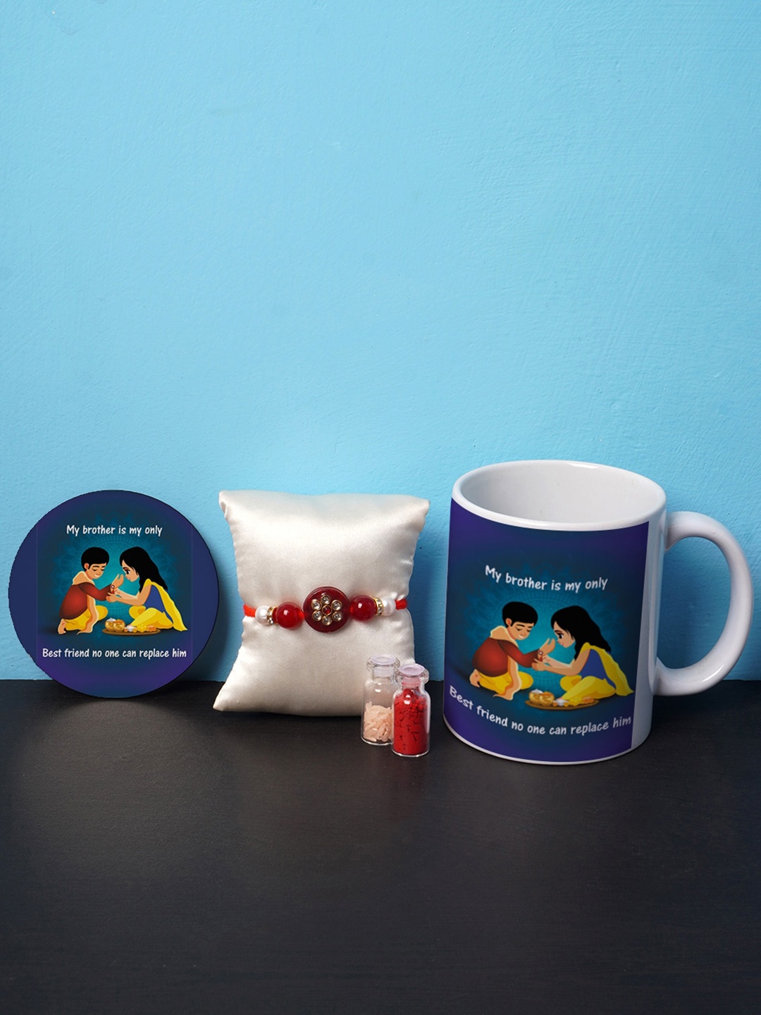 

Crazy Corner Red & Blue Rakhi & Mug Combo With Coaster