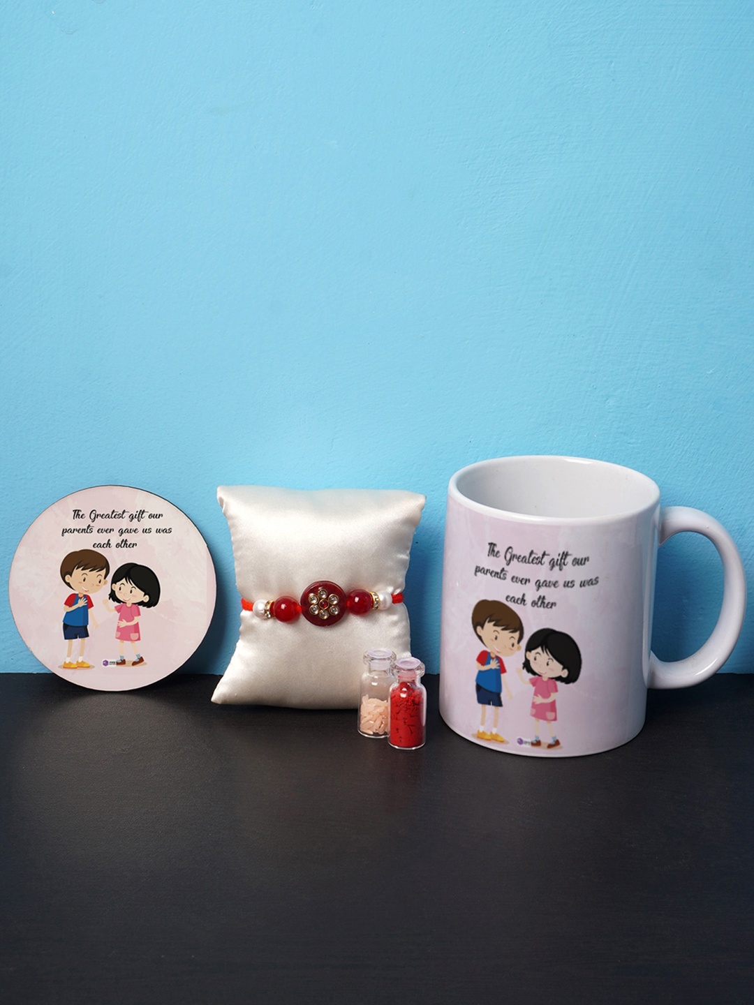

Crazy Corner unisex Rakhi and Mug Combo with Coaster, Red