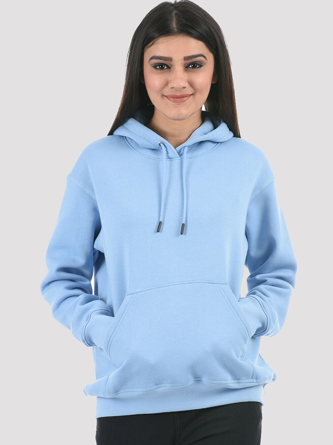 

ONEWAY Women Hooded Solid Blue Sweatshirt