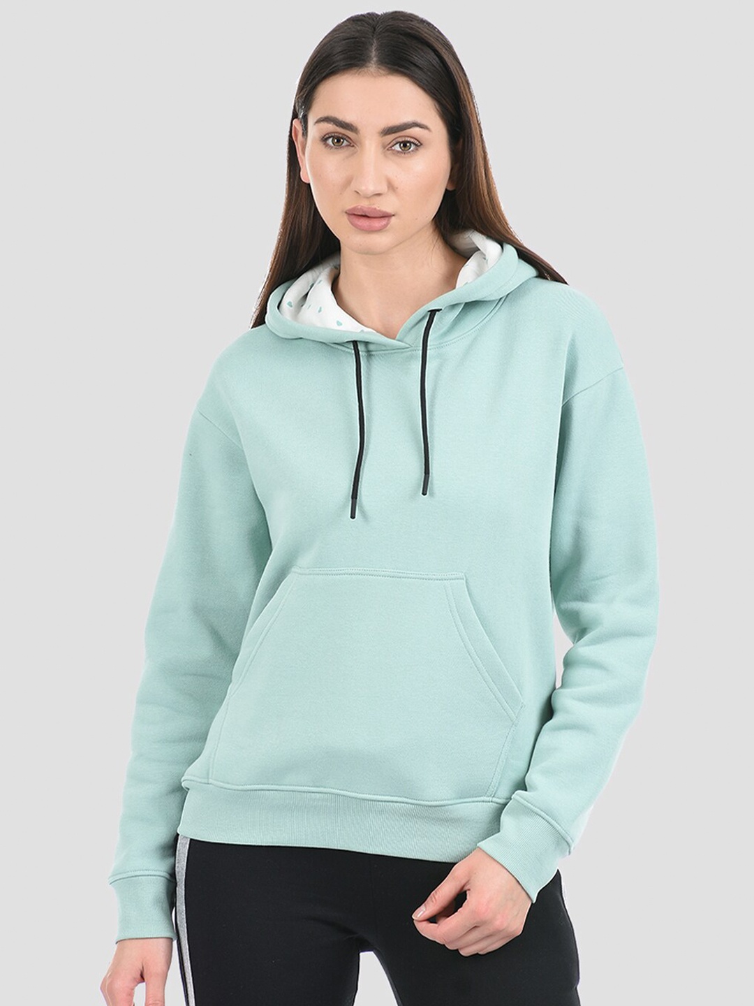 

ONEWAY Women Sea Green Solid Cotton Hooded Sweatshirt