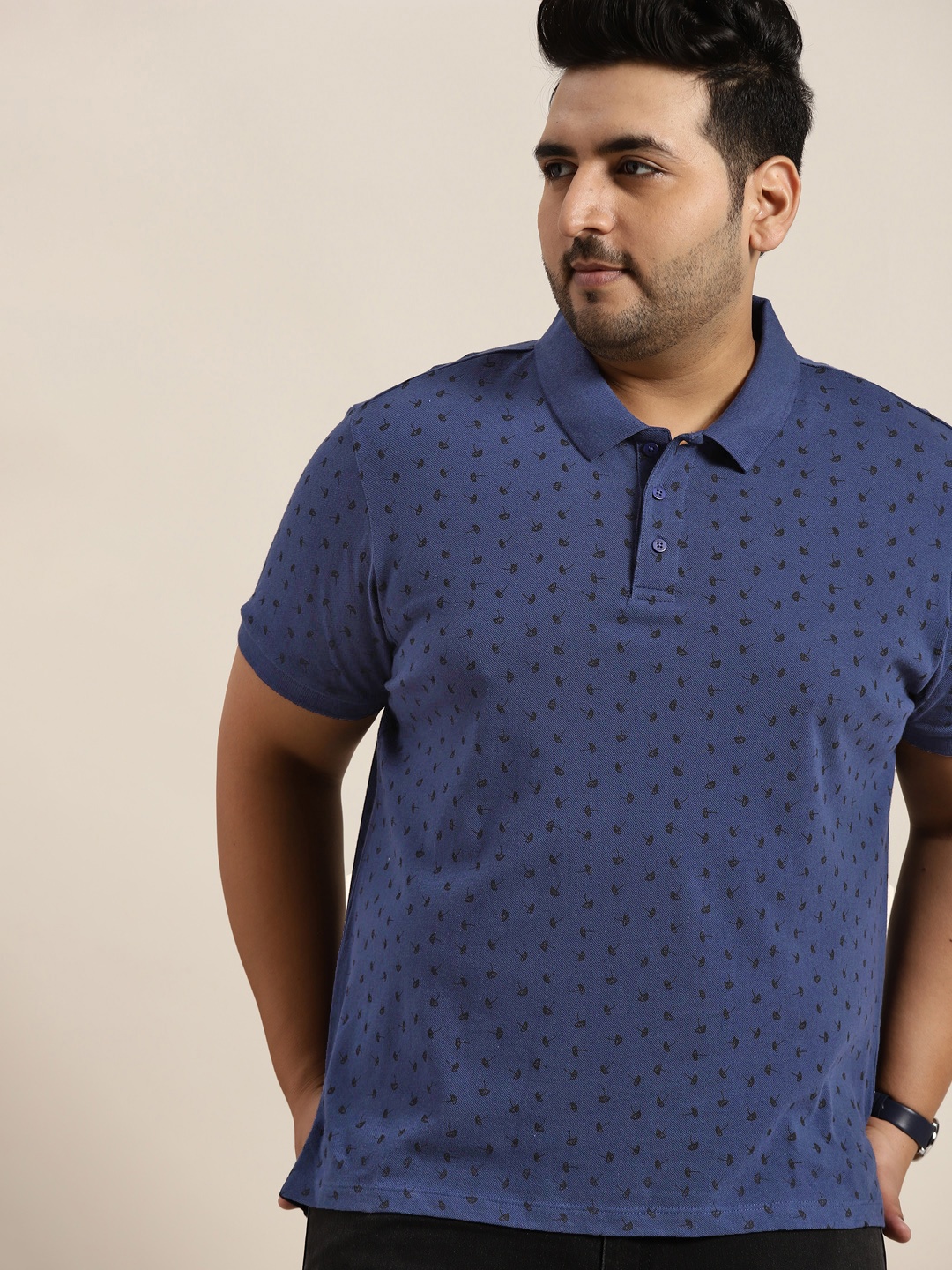 

Sztori Men Plus Size Navy Blue Conversational Print Polo Collar Pure Cotton T-shirt