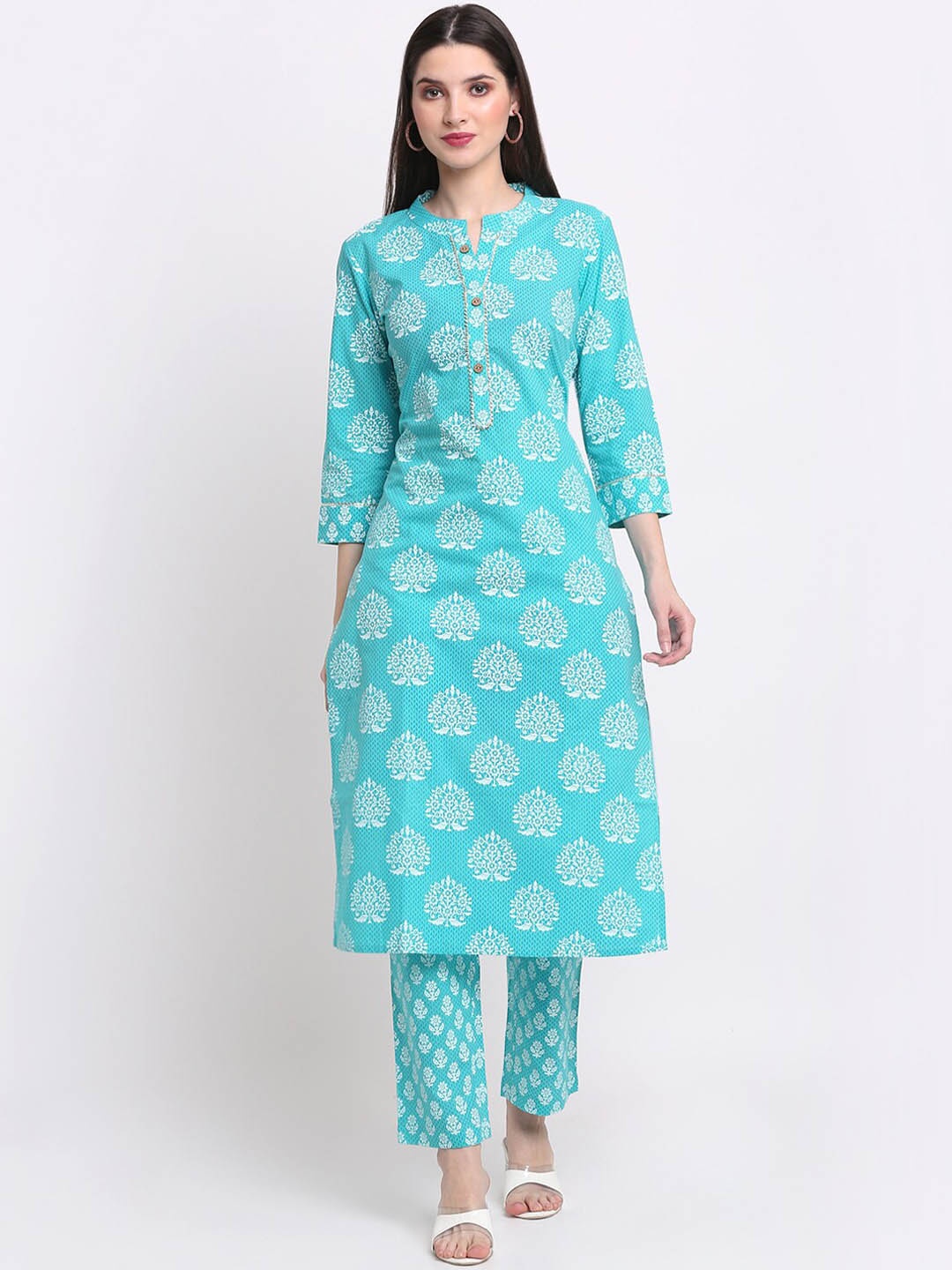 KALINI Women Blue Floral Printed Pure Cotton Kurta with Trousers