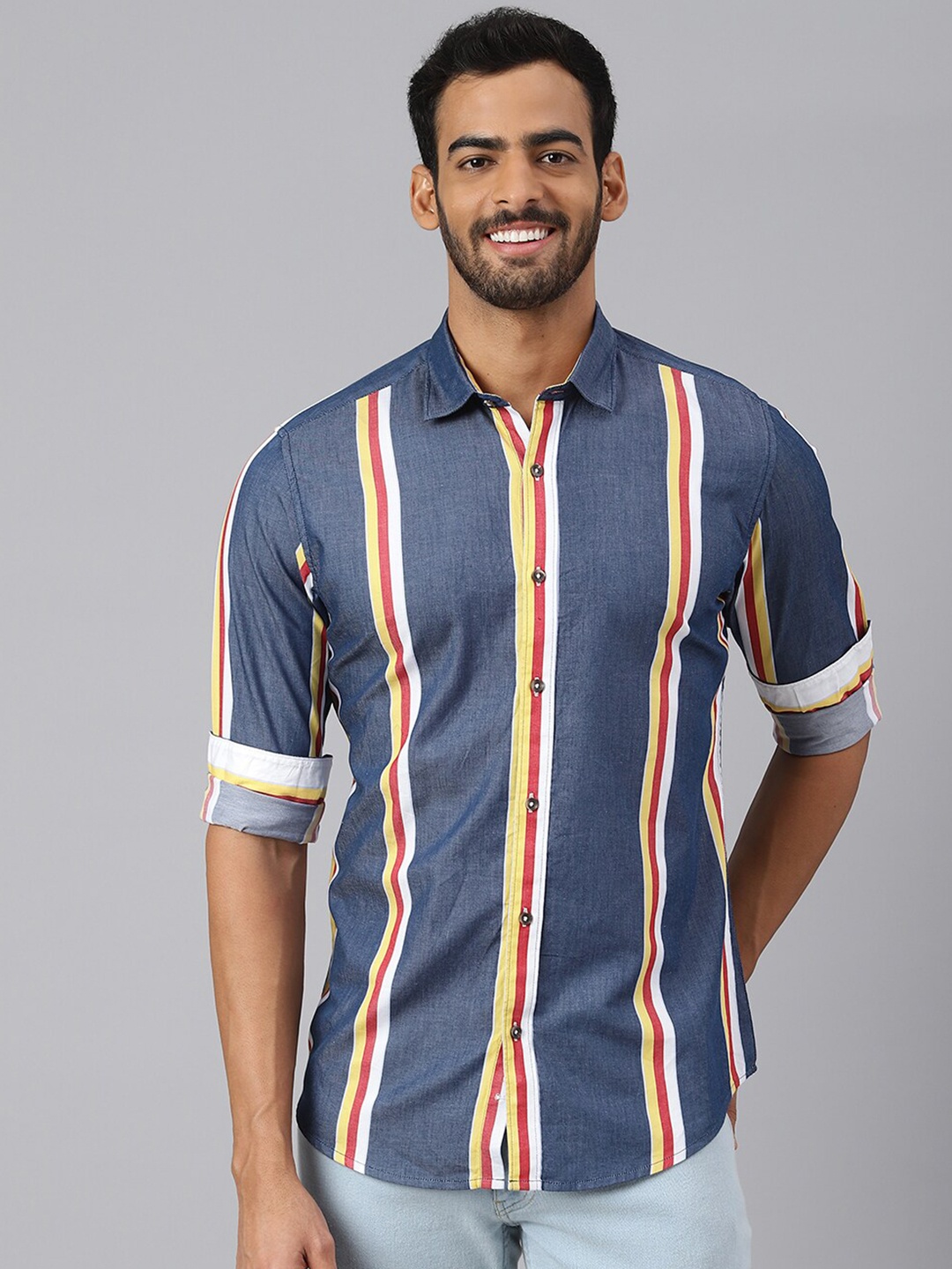 

MR BUTTON Men Blue Slim Fit Striped Casual Shirt