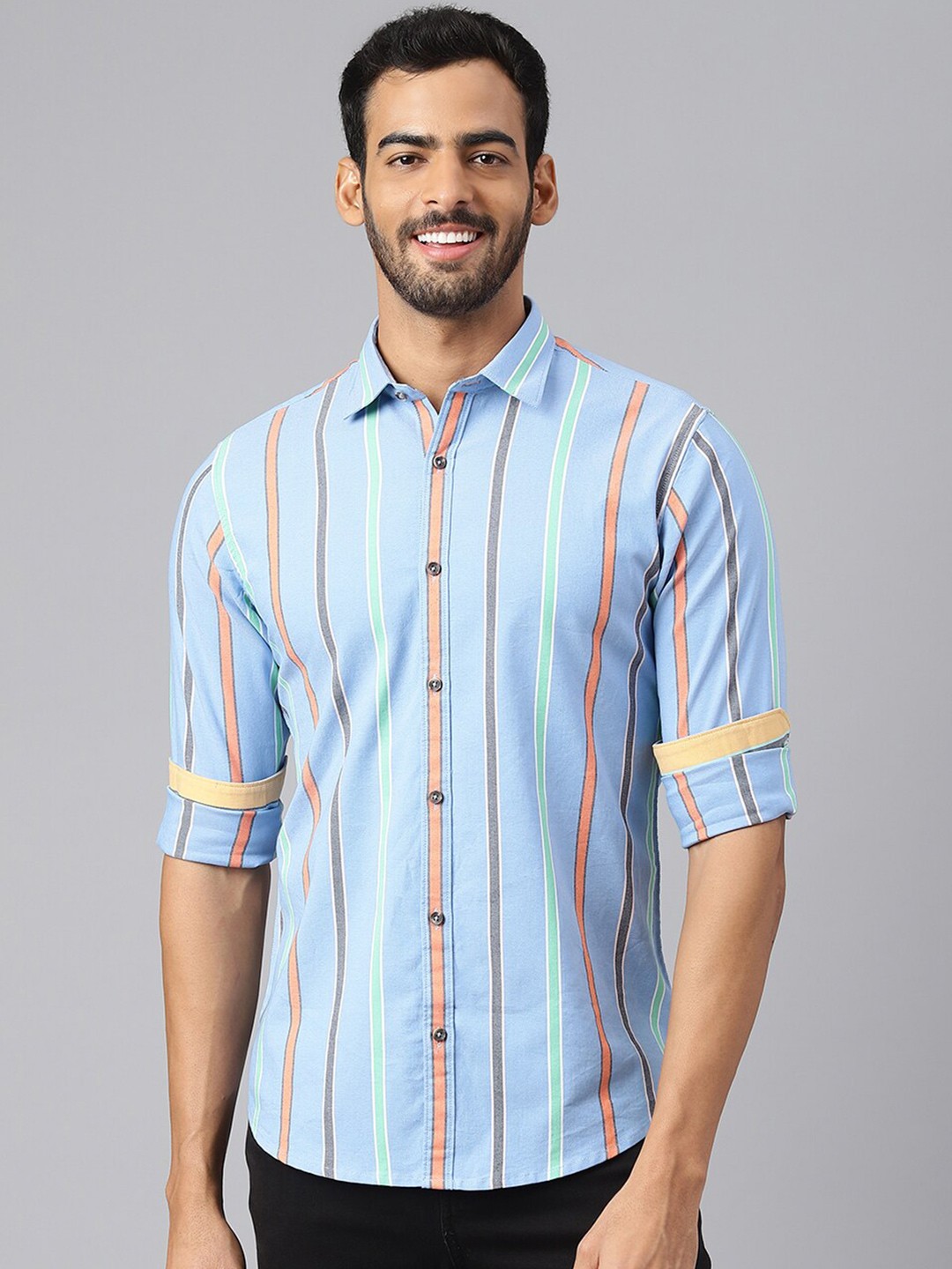 

MR BUTTON Men Blue Slim Fit Striped Casual Shirt
