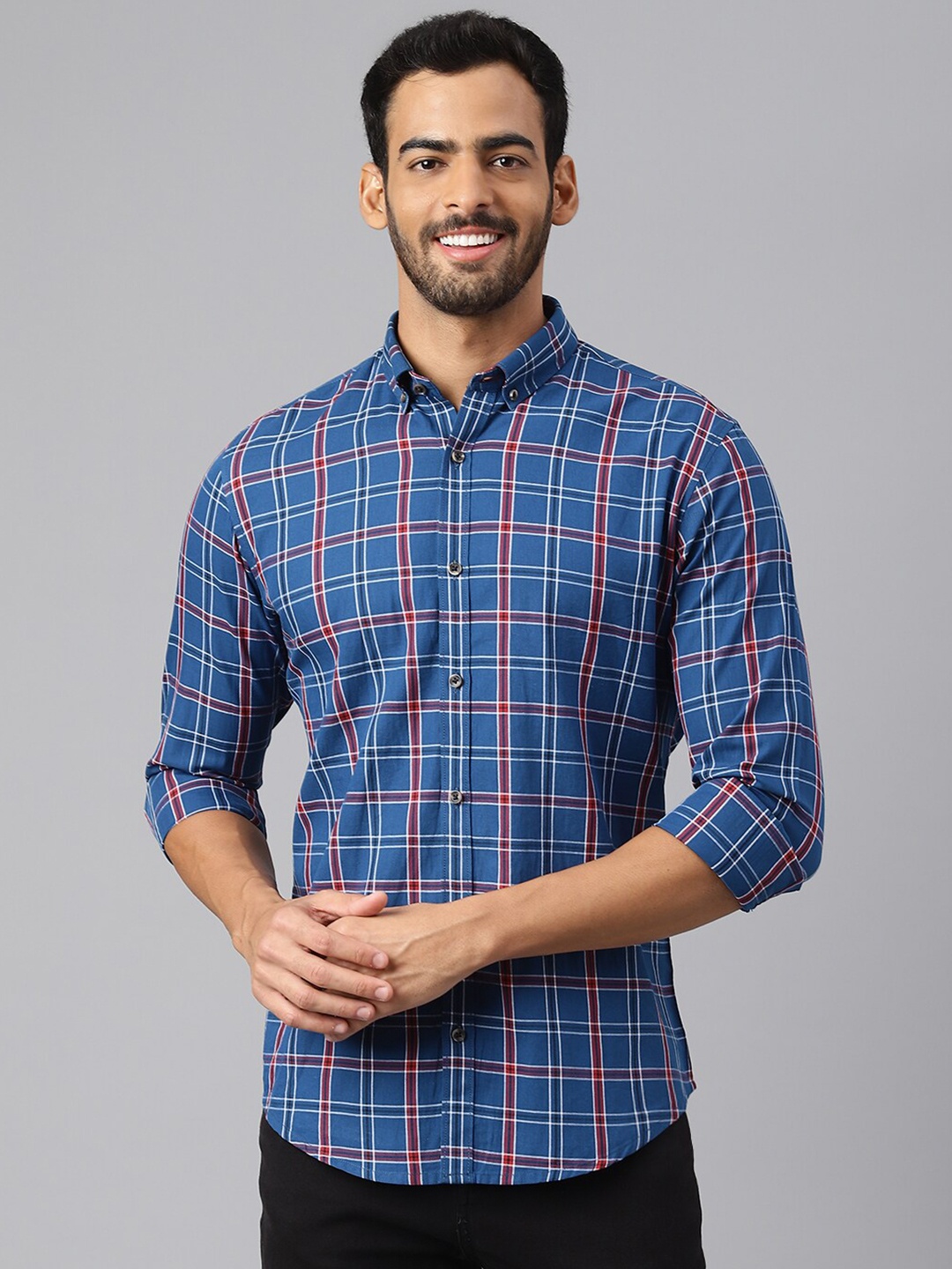 MR BUTTON Men Blue Slim Fit Tartan Checks Checked Casual Shirt