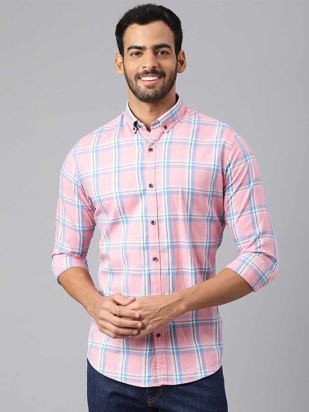 

MR BUTTON Men Pink Slim Fit Checked Casual Shirt