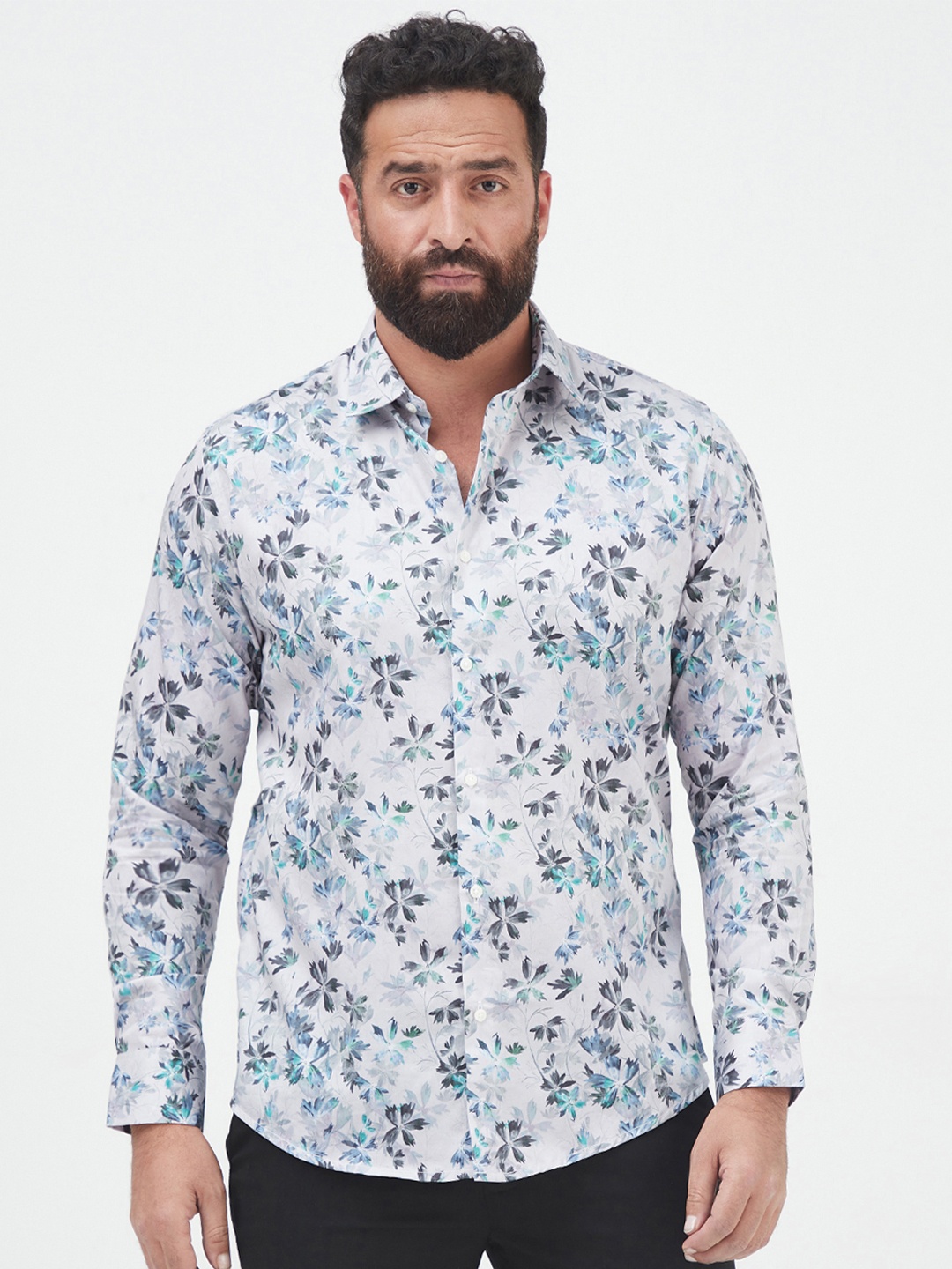 

MR BUTTON Men Grey Slim Fit Floral Printed Casual Shirt