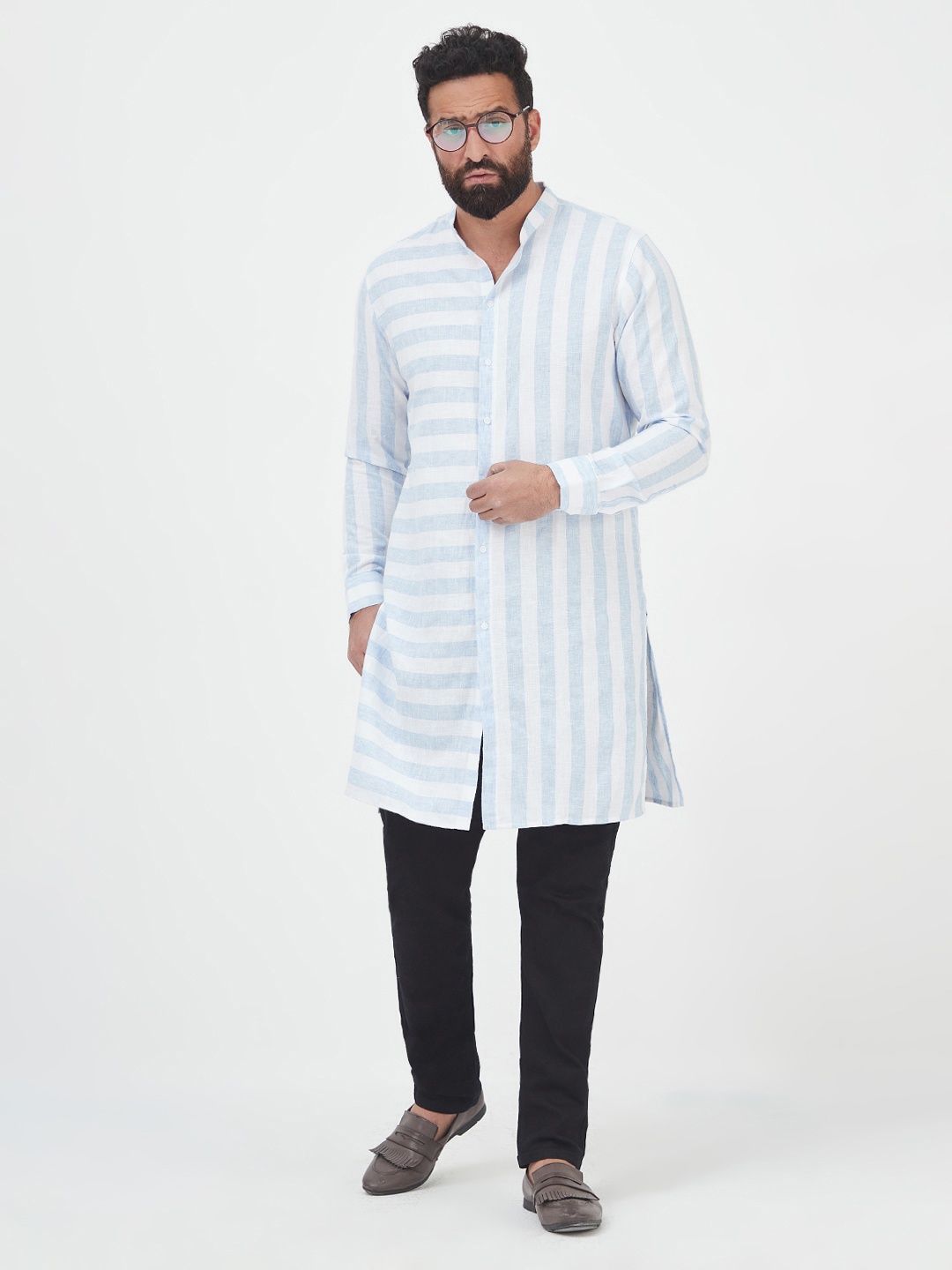 

MR BUTTON Men Blue Striped Cotton Kurta