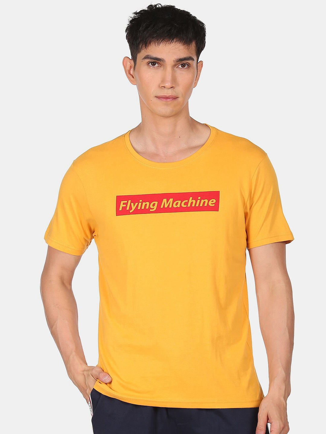 

Flying Machine Men Yellow Typography Printed 100% Cotton T-shirt
