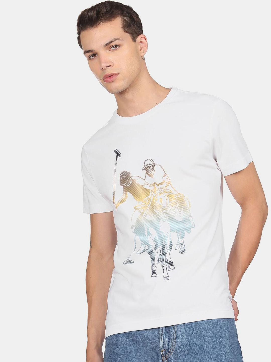 

U.S. Polo Assn. Denim Co.Men White Printed Raw Edge T-shirt