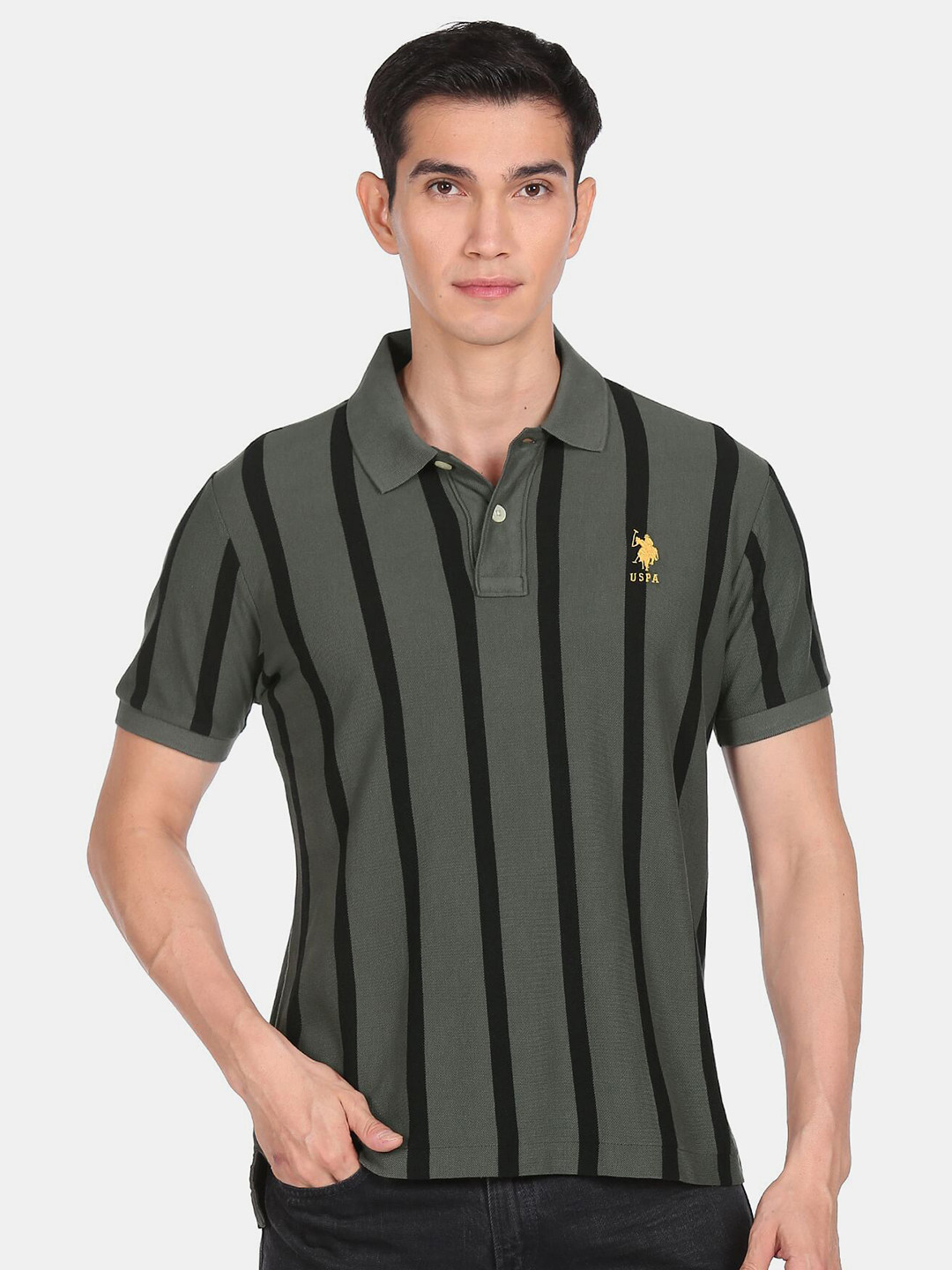 

U S Polo Assn Men Grey Striped Polo Collar T-shirt