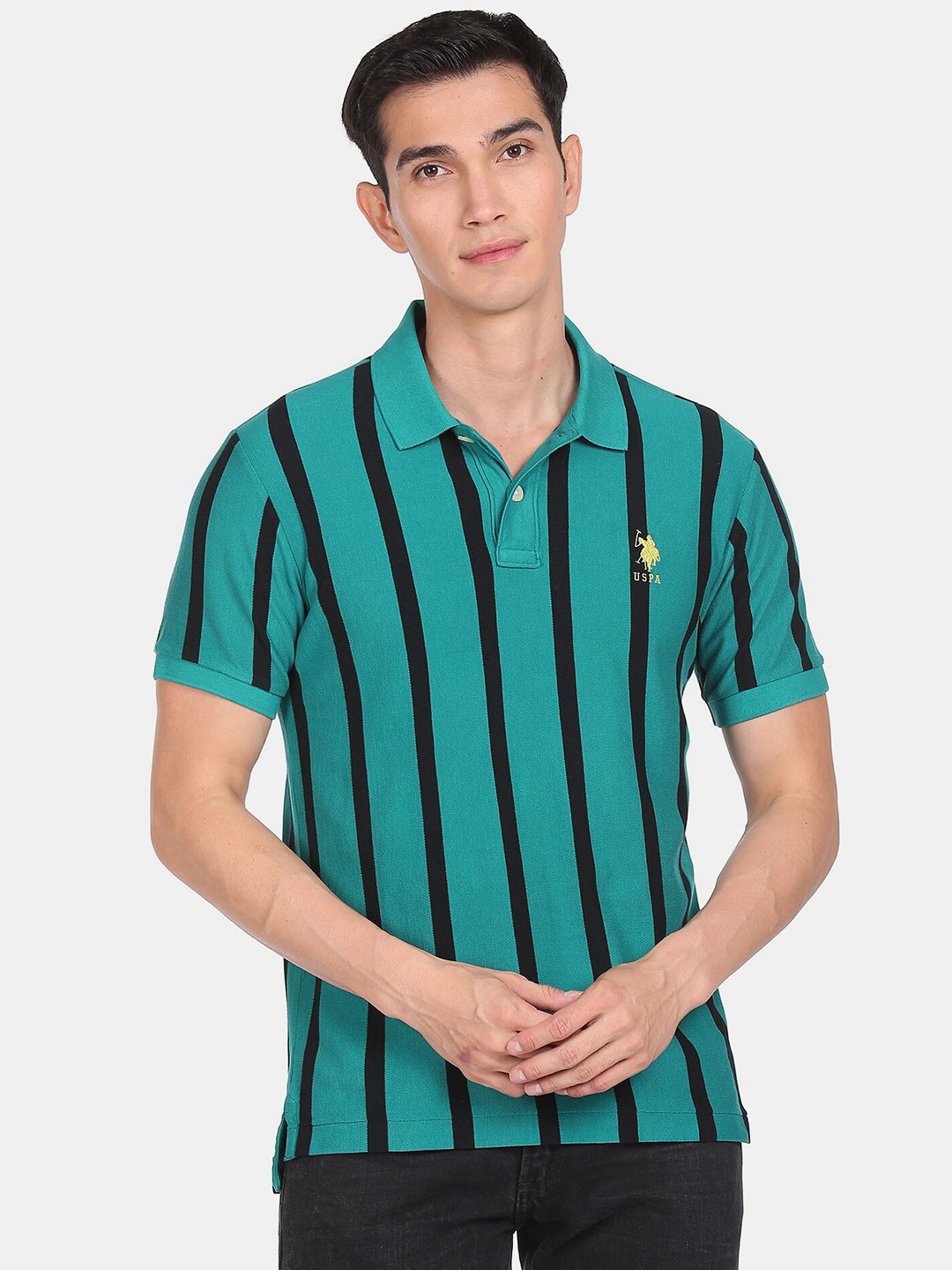 

U S Polo Assn Men Green Typography Striped T-shirt