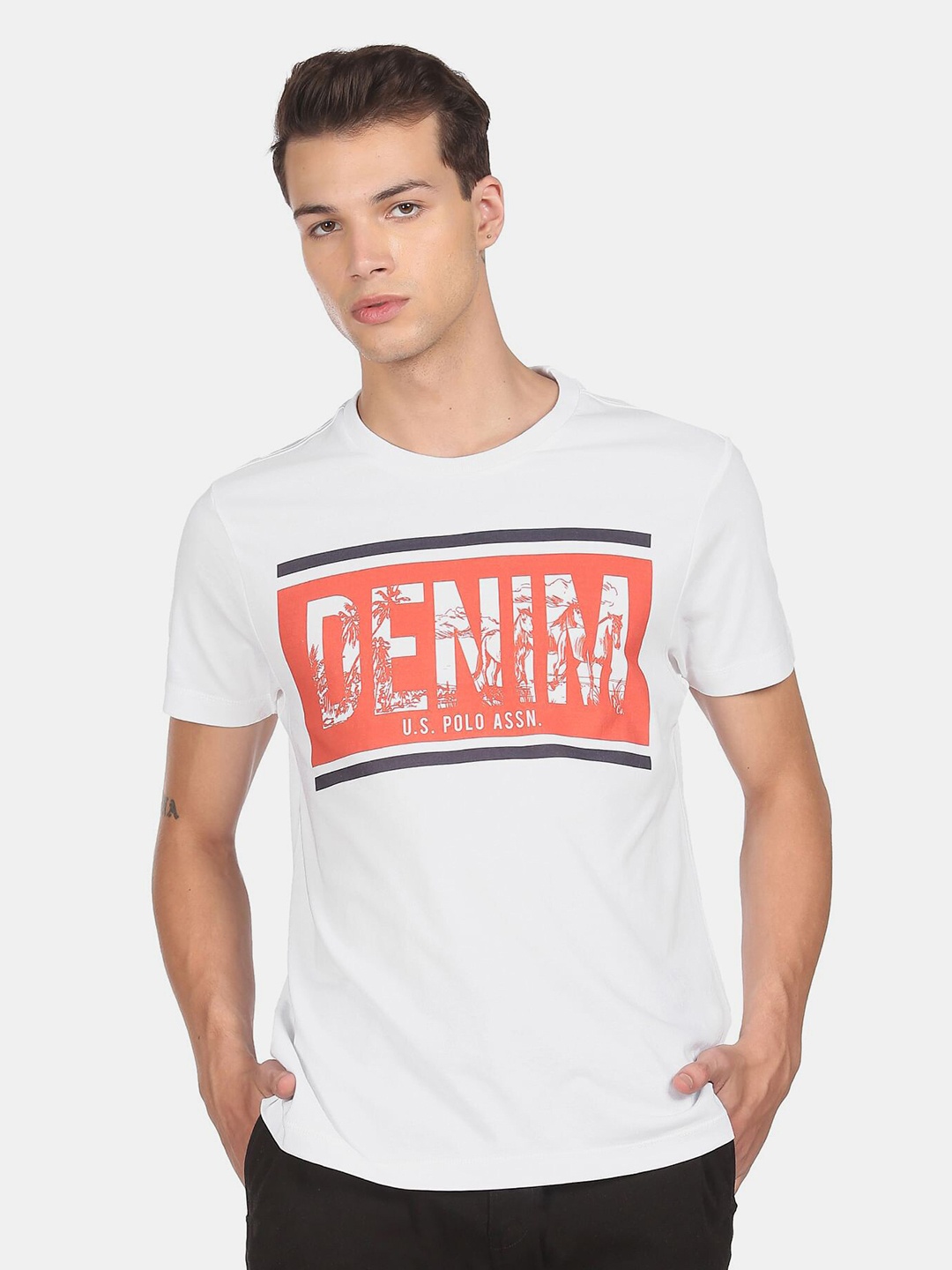 U.S. Polo Assn. Denim Co.Men White Typography Printed Cotton T-shirt