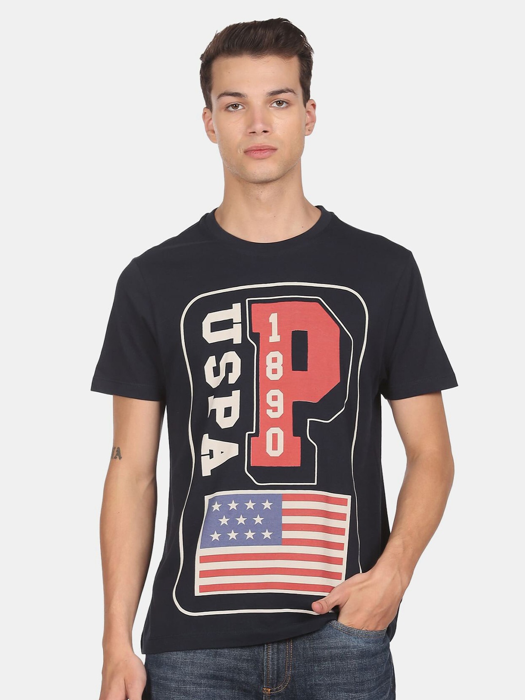 

U.S. Polo Assn. Denim Co.Men Blue Typography Printed Cotton T-shirt
