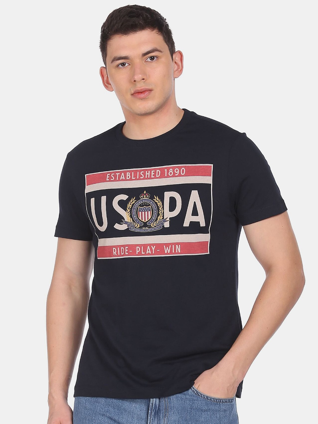 

U.S. Polo Assn. Denim Co.Men Blue Typography Printed T-shirt