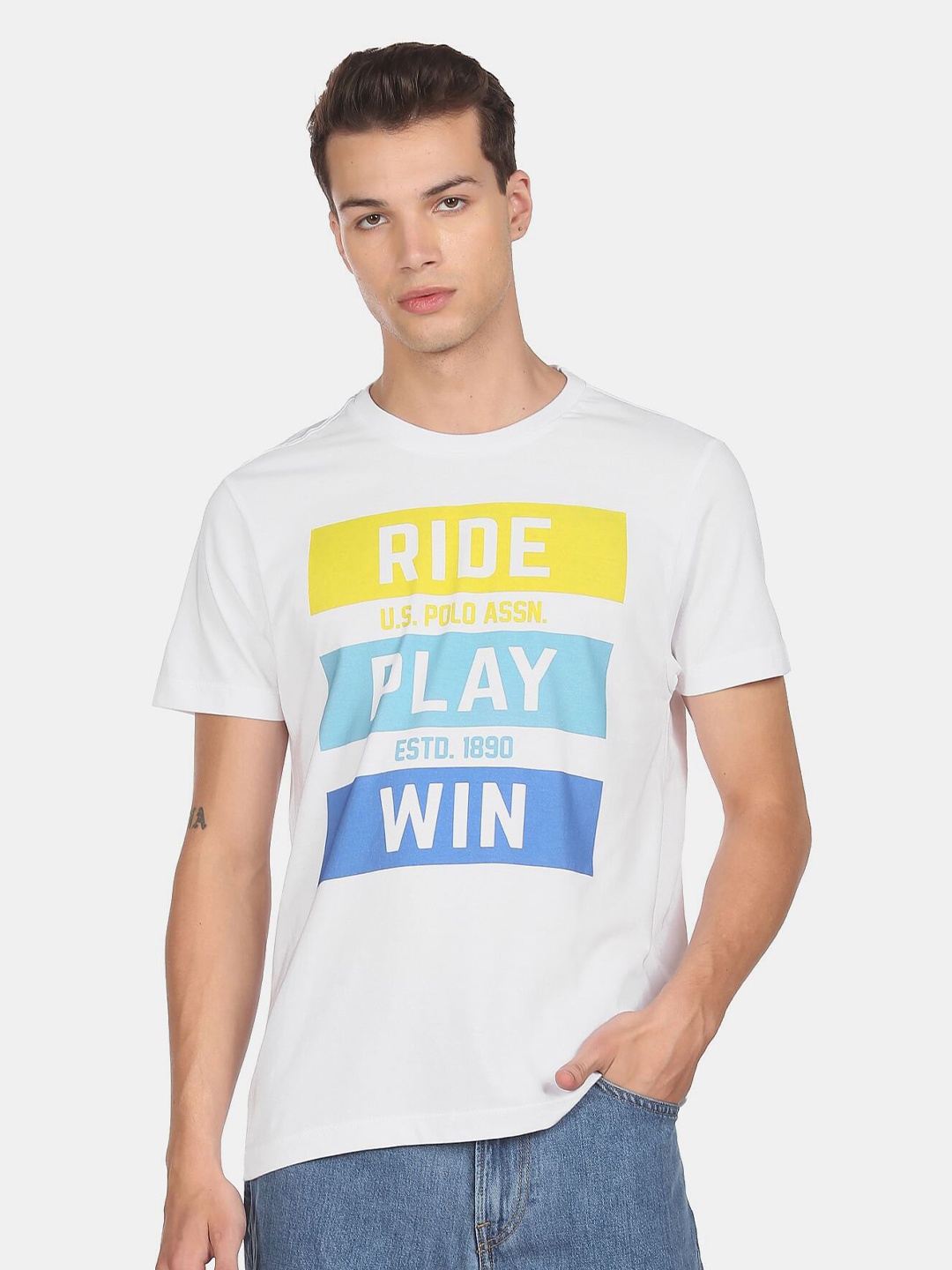 

U.S. Polo Assn. Denim Co.Men White & Yellow Pure Cotton Printed T-shirt