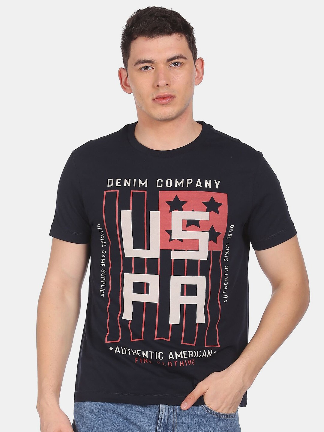 

U.S. Polo Assn. Denim Co.Men Blue Printed Raw Edge T-shirt