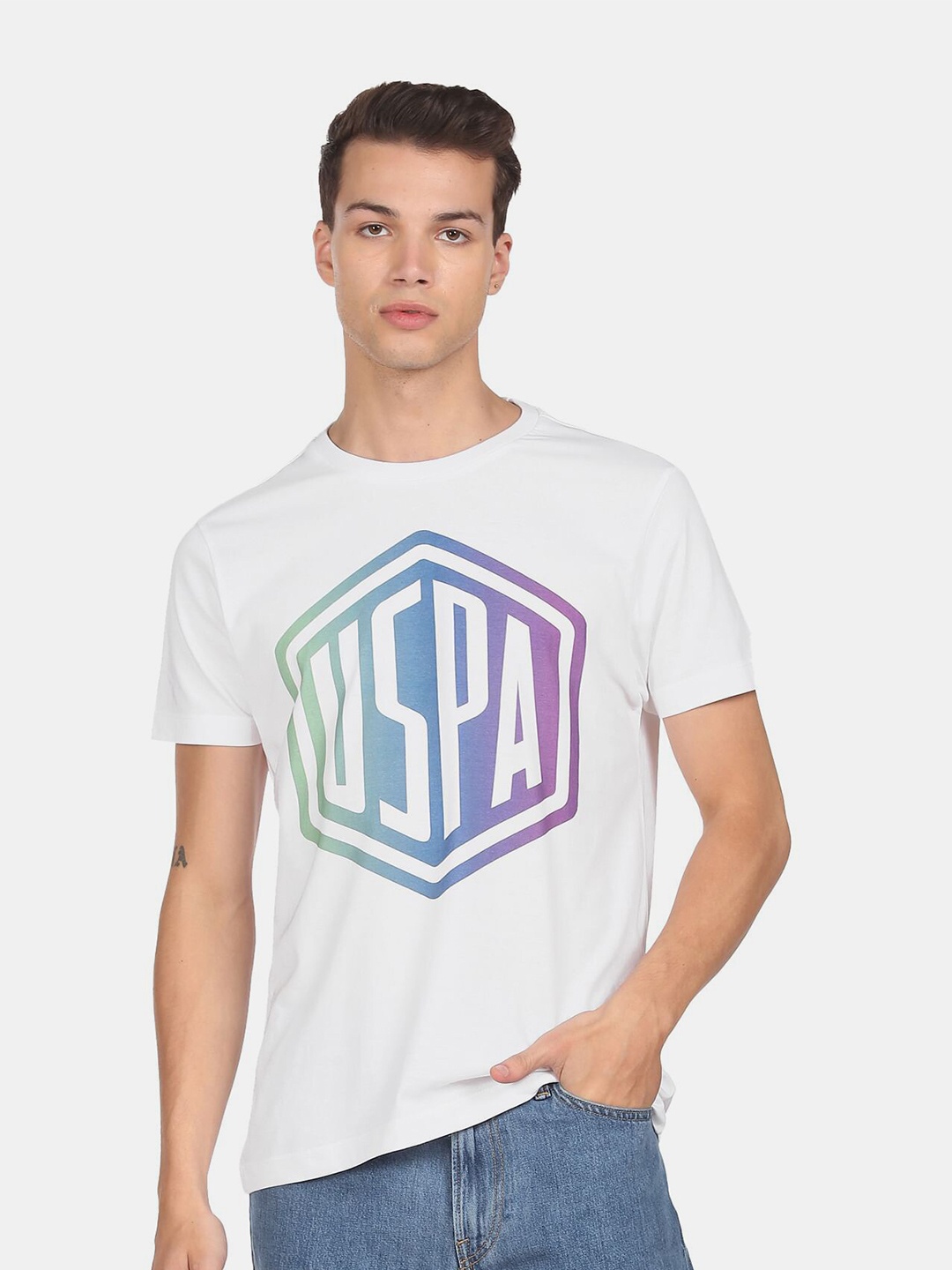 

U.S. Polo Assn. Denim Co.Men White Typography Printed Raw Edge T-shirt