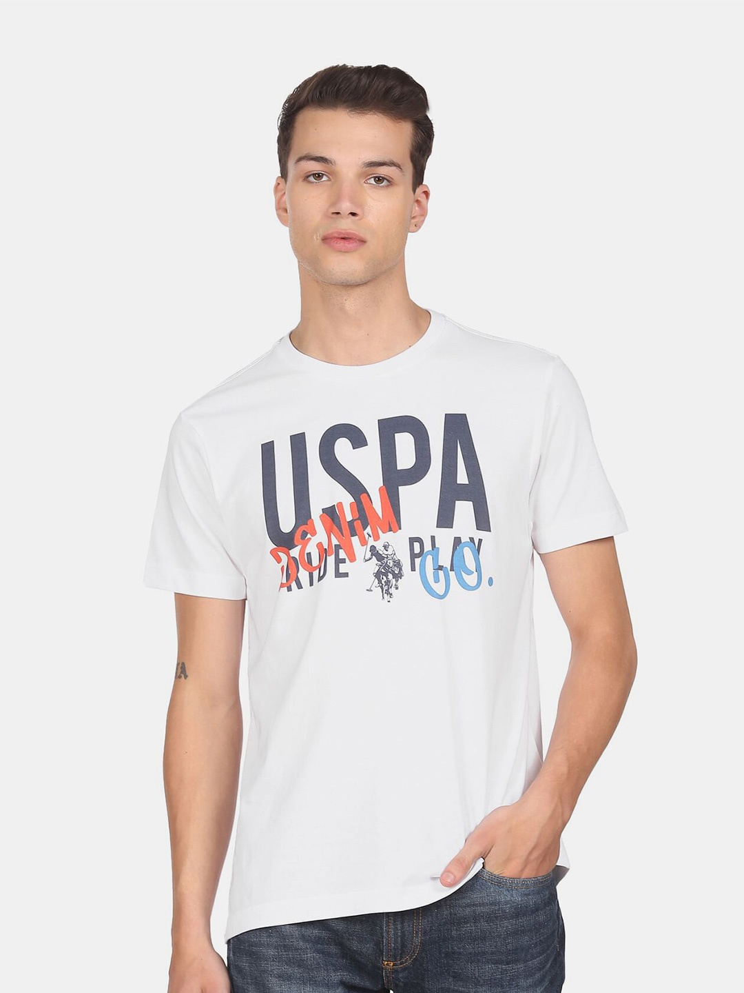 

U.S. Polo Assn. Denim Co.Men White Crew Neck Brand Print T-shirt