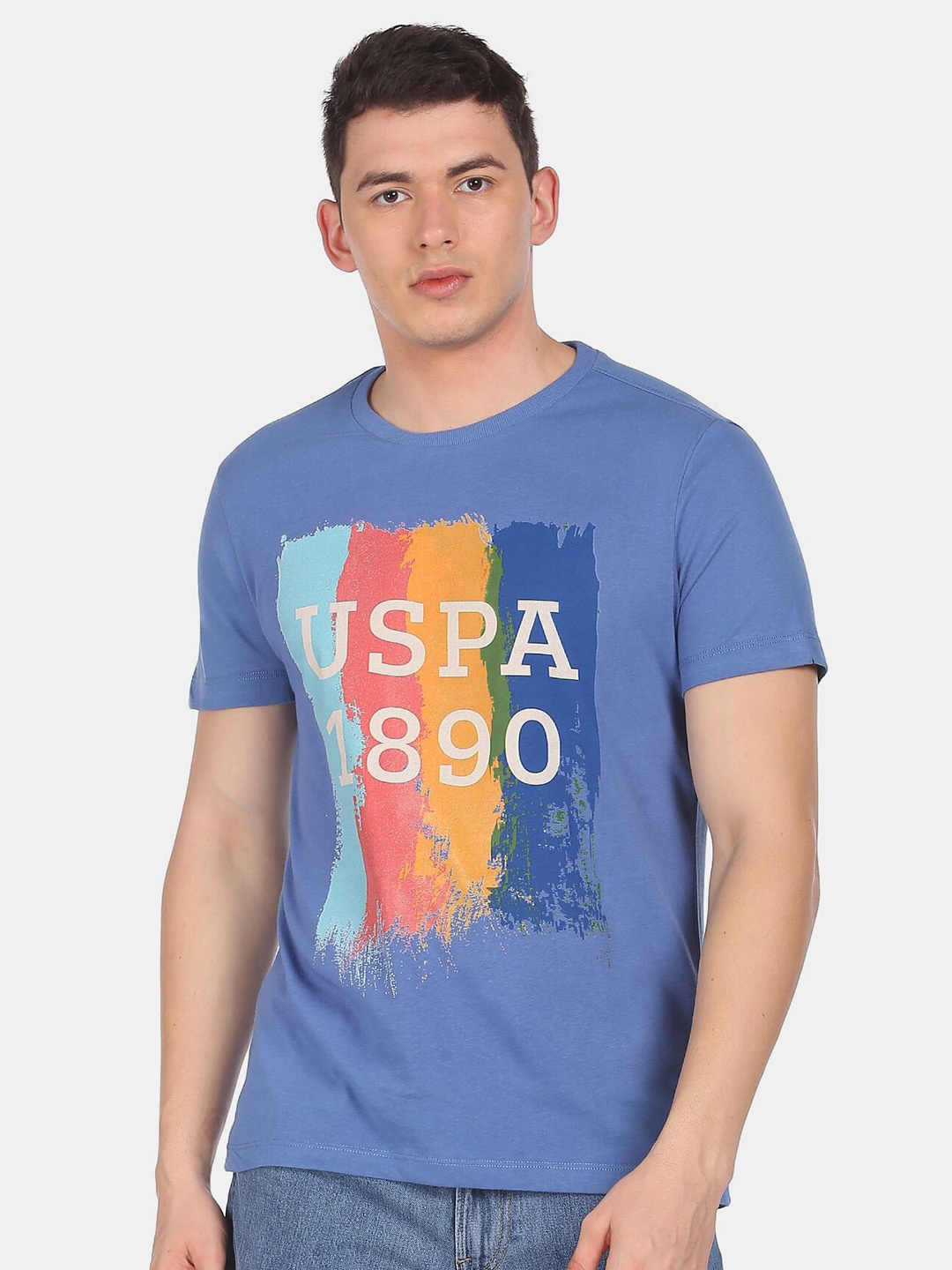 

U.S. Polo Assn. Denim Co.Men Blue & White Pure Cotton Printed T-shirt
