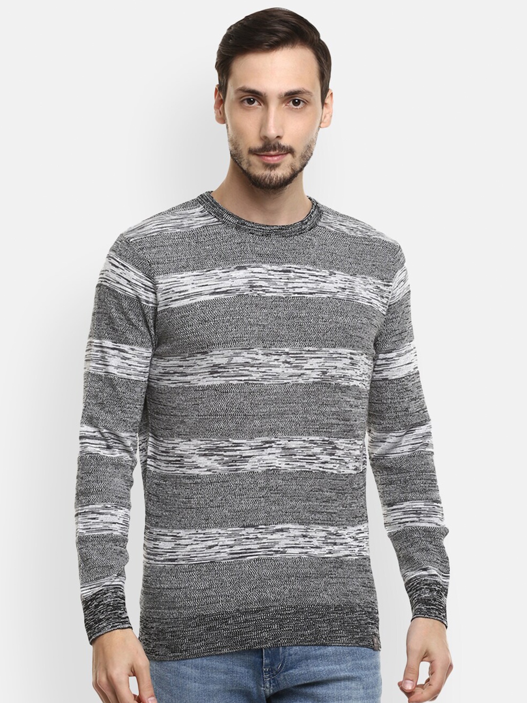 

Red Chief Men Grey & Off White Striped Pullover, Grey melange