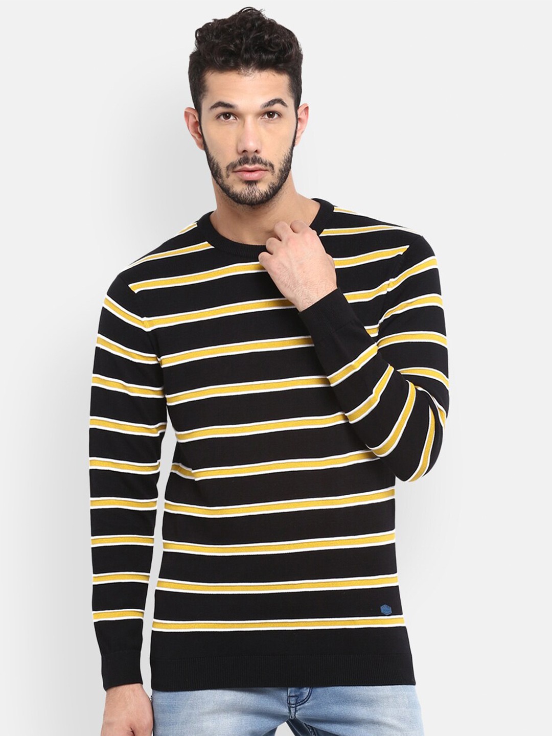 

Red Chief Men Navy Blue & Yellow Striped Pure Cotton Casual Pullover Sweater