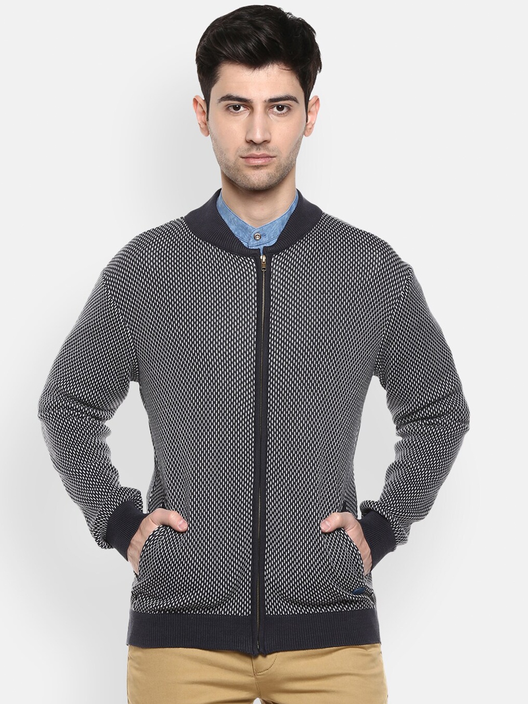 

Red Chief Men Navy Blue & White Self Design Sweater