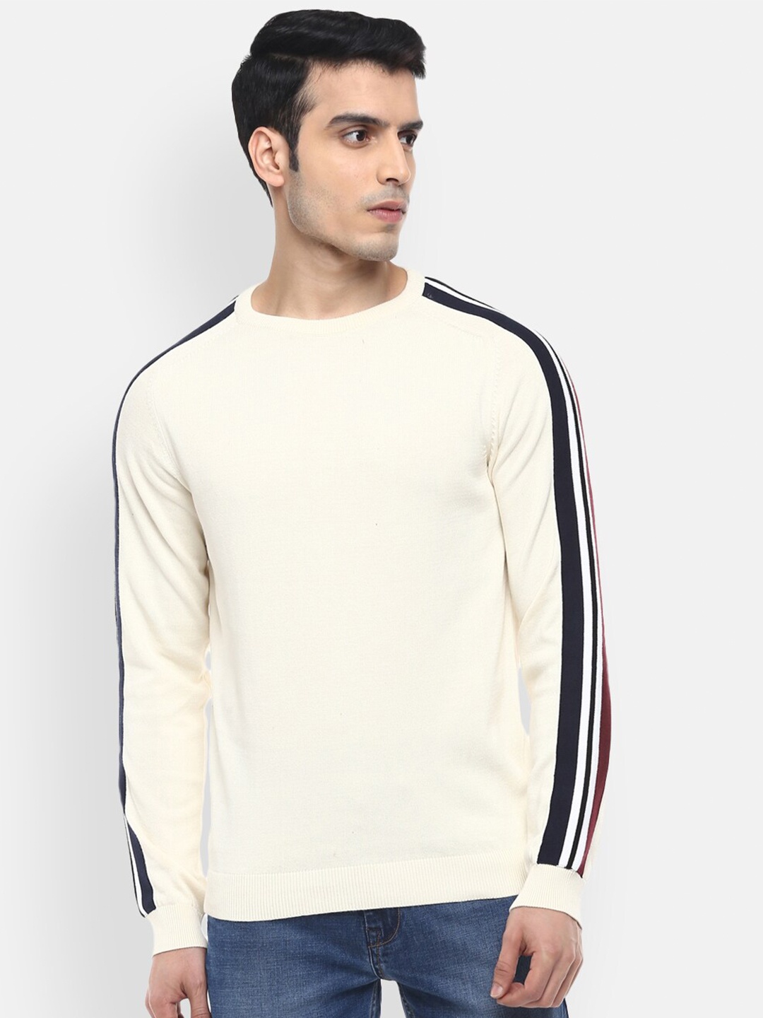 

Red Chief Men Off White & Maroon Striped Acrylic-Wool Casual Pullover Sweater
