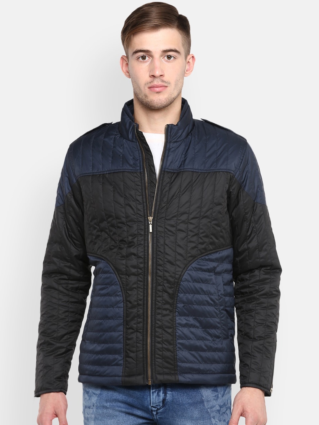 

Red Chief Men Navy Blue Black Striped Lightweight Quilted Jacket