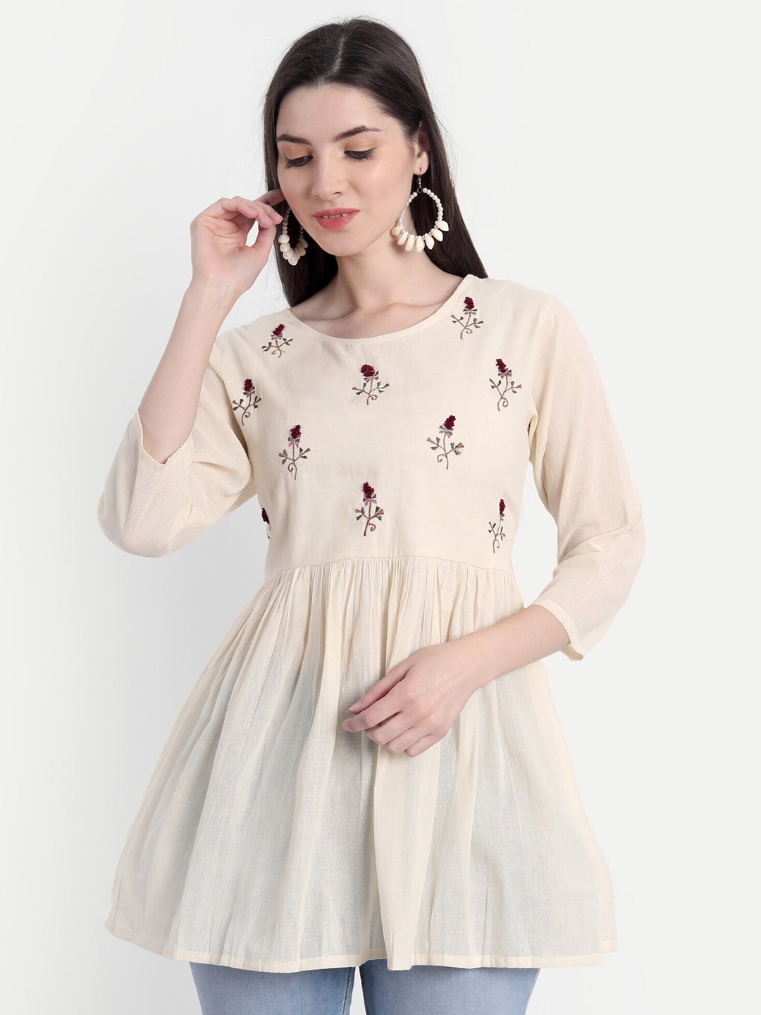 

Flenzy Cream-Coloured & Maroon Floral Embroidered Boat Neck Tunic
