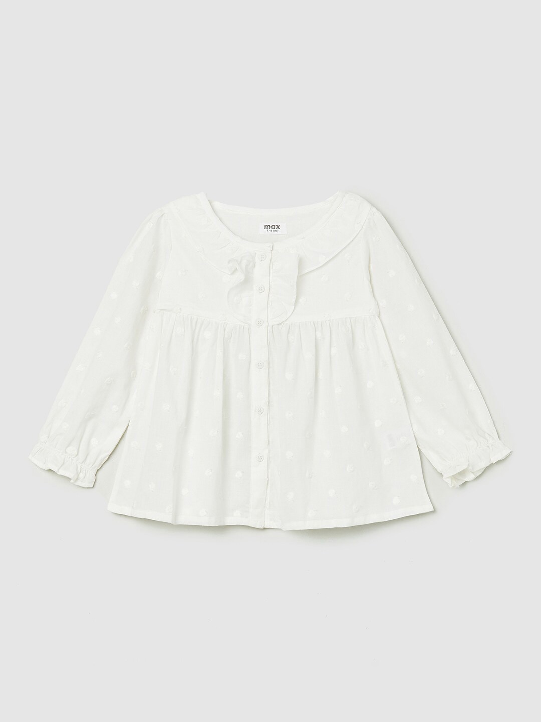 

max girls White cotton Printed Top round neck with long cuffed sleeves