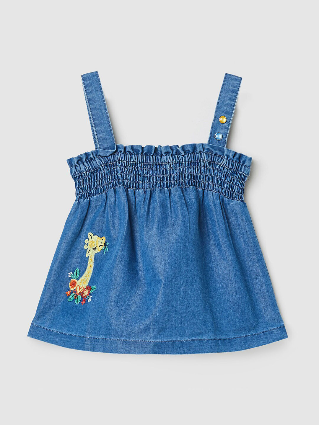 

max BlueGirls Animal Embroidered Smocked Denim Top, Blue