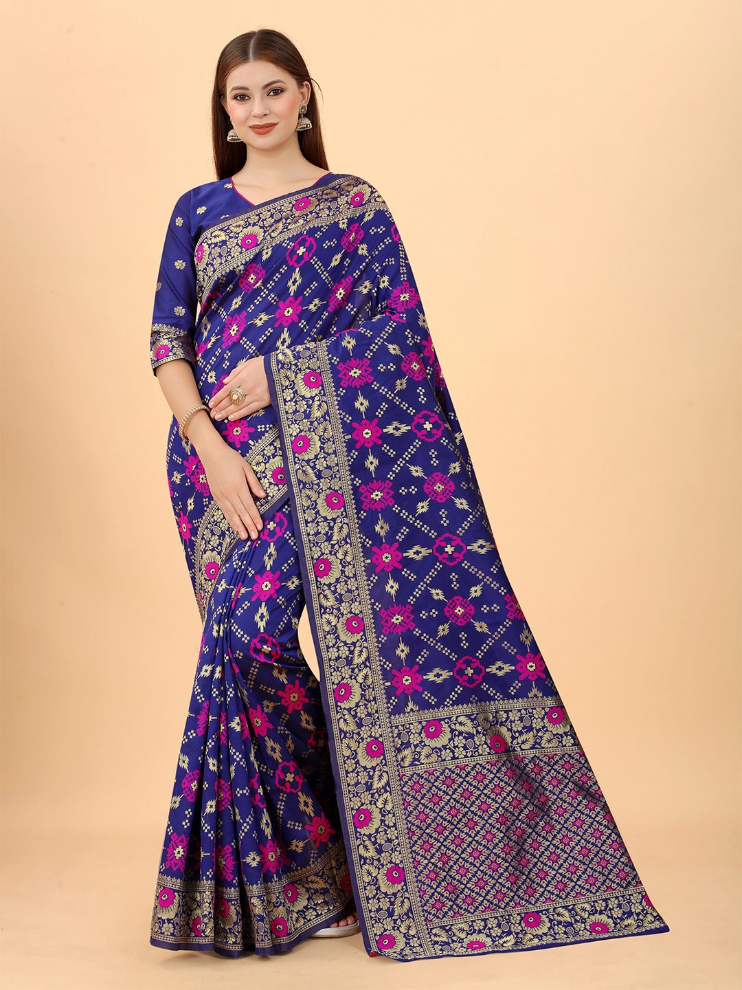 

WELL WORN Navy Blue & Gold-Toned Woven Design Zari Silk Cotton Banarasi Saree