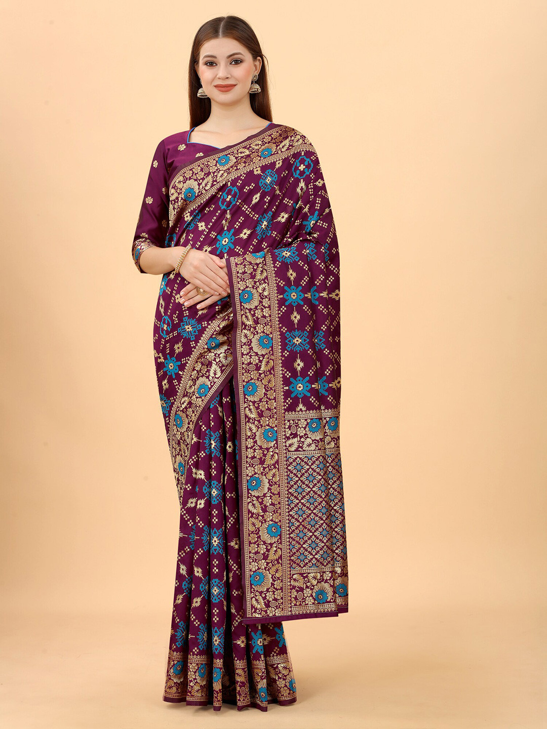 

WELL WORN Purple & Blue Woven Design Zari Silk Cotton Banarasi Saree