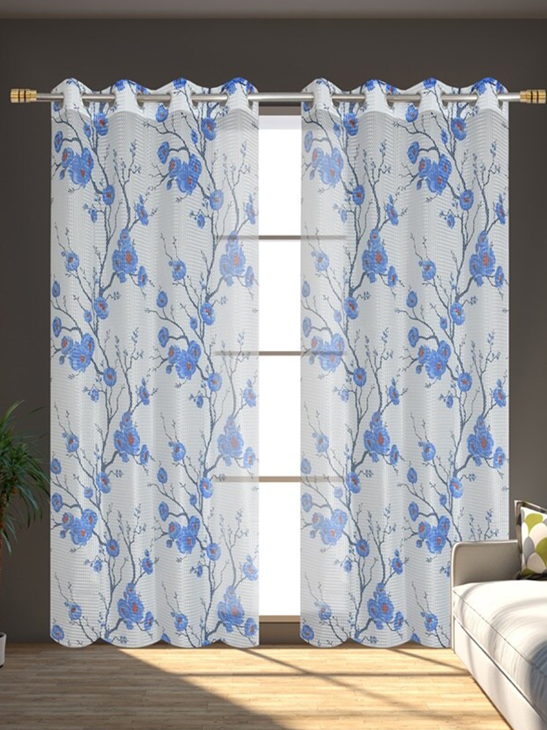 

Molly & Michel Blue & Off White Set of 2 Floral Sheer Door Curtains
