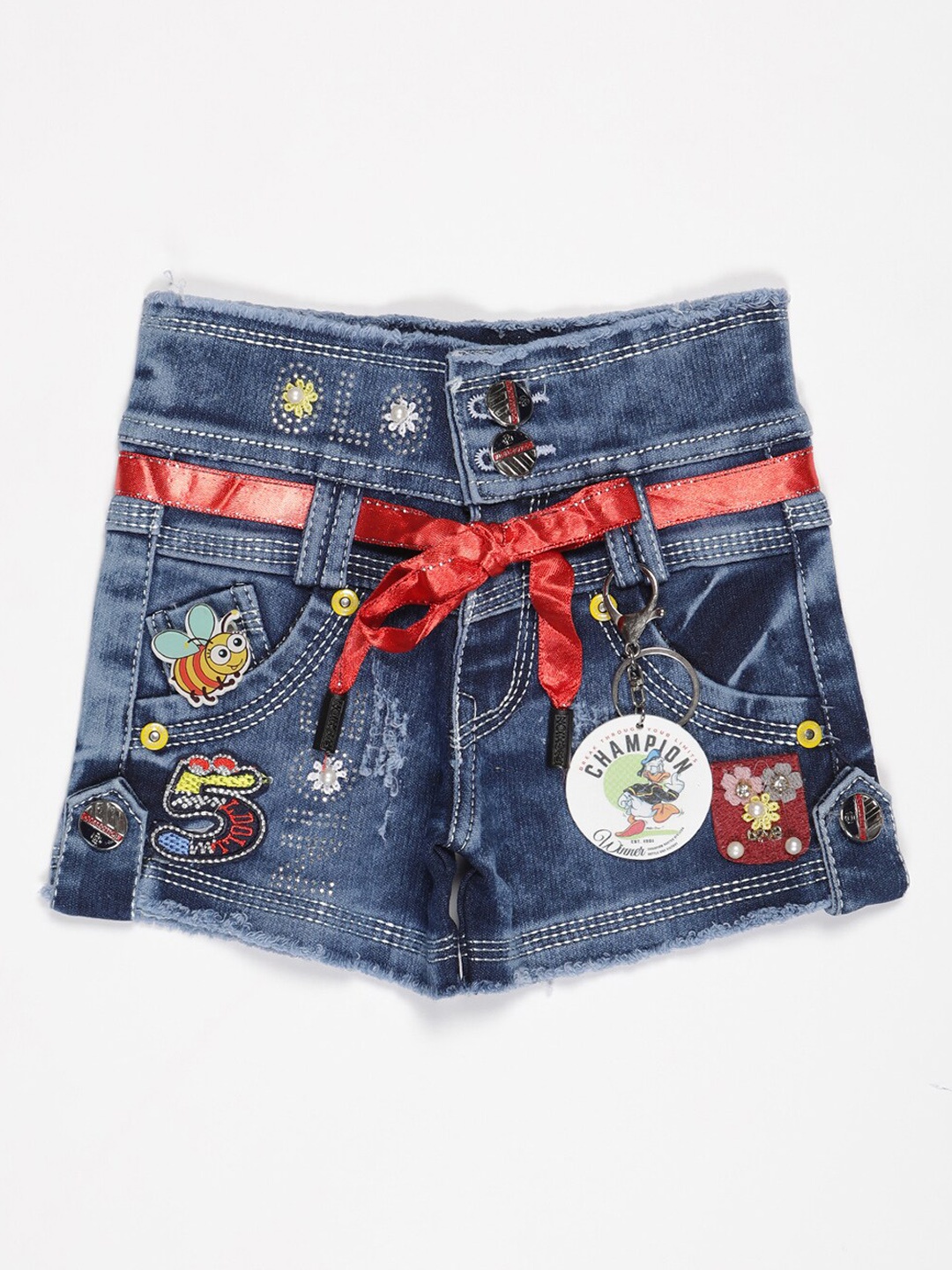 

V2 Value & Variety Kids-Girls Navy Blue Humour and Comic Printed Denim Shorts