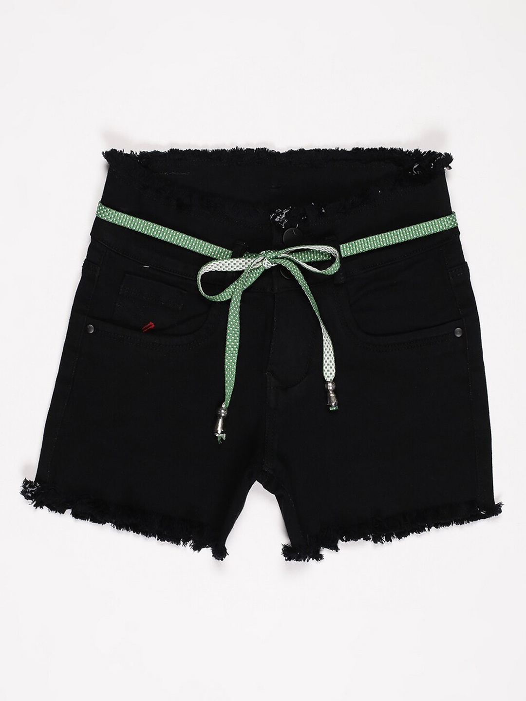 

V2 Value & Variety Girls Black Frayed Denim Shorts With Green Tie-up