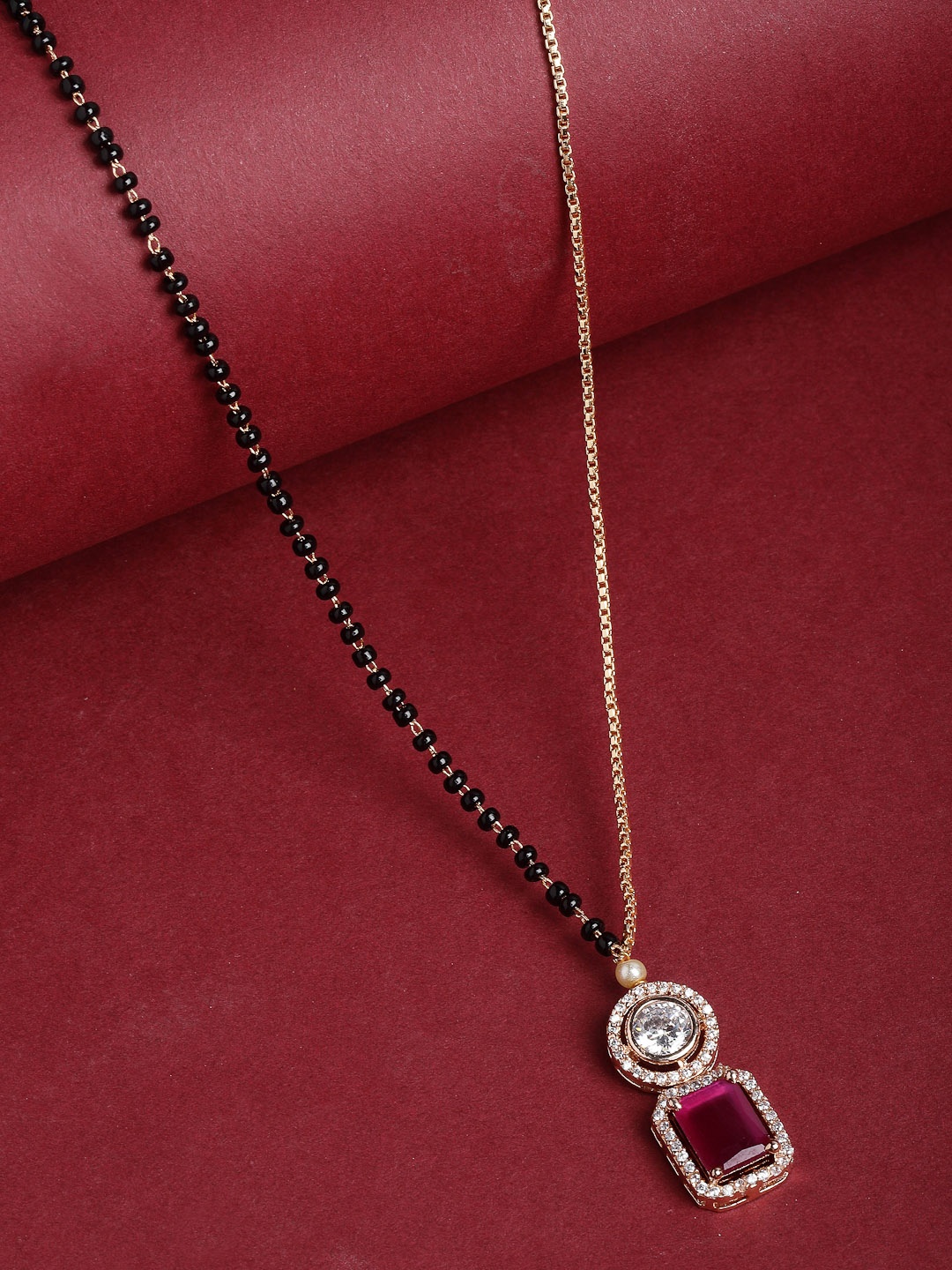 

PANASH Gold-Plated Gold CZ Stone Solitaire & Black Beads Mangalsutra