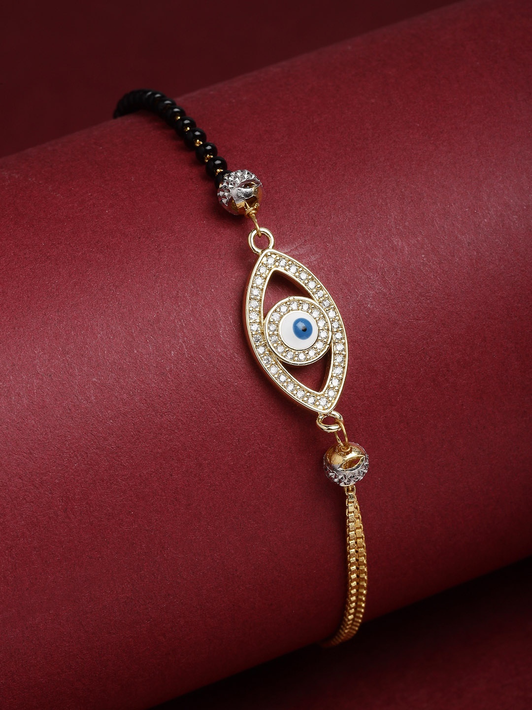 

PANASH Gold-Plated White CZ-Studded & Beaded Evil-Eye-Charm Solitaire Hand Mangalsutra