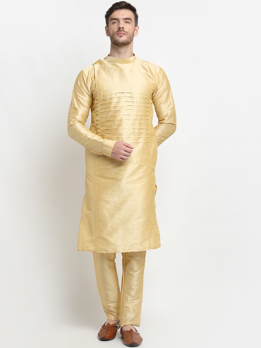

Benstoke Men Gold-Toned Silk Blend Kurta with Churidar
