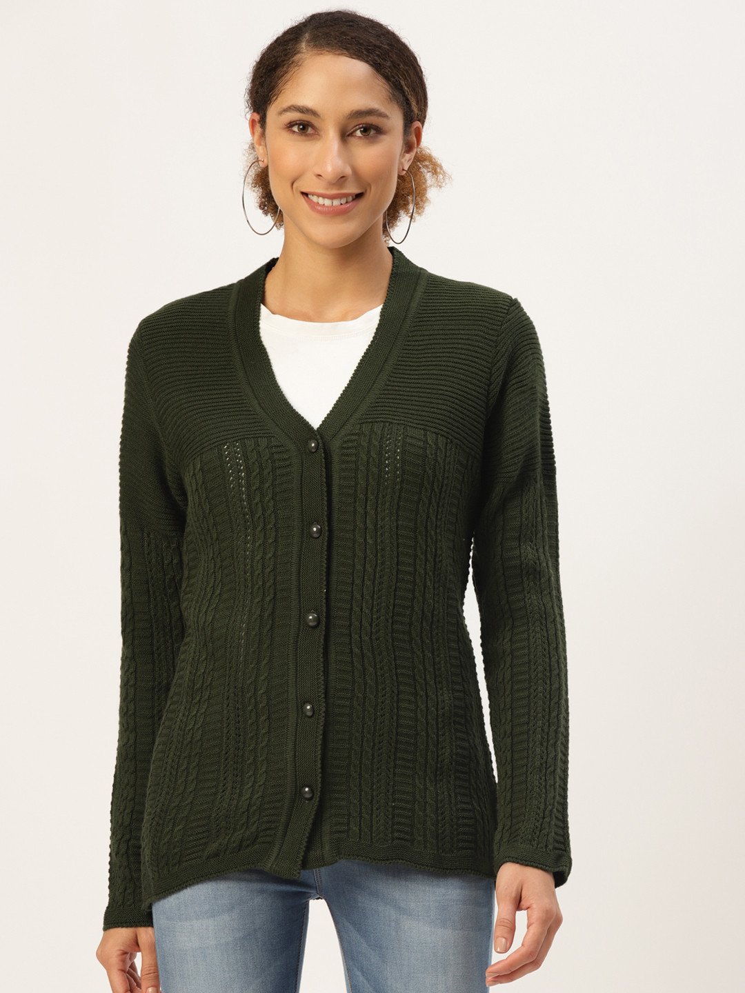 

American Eye Women Olive Green Cable Knit Cardigan