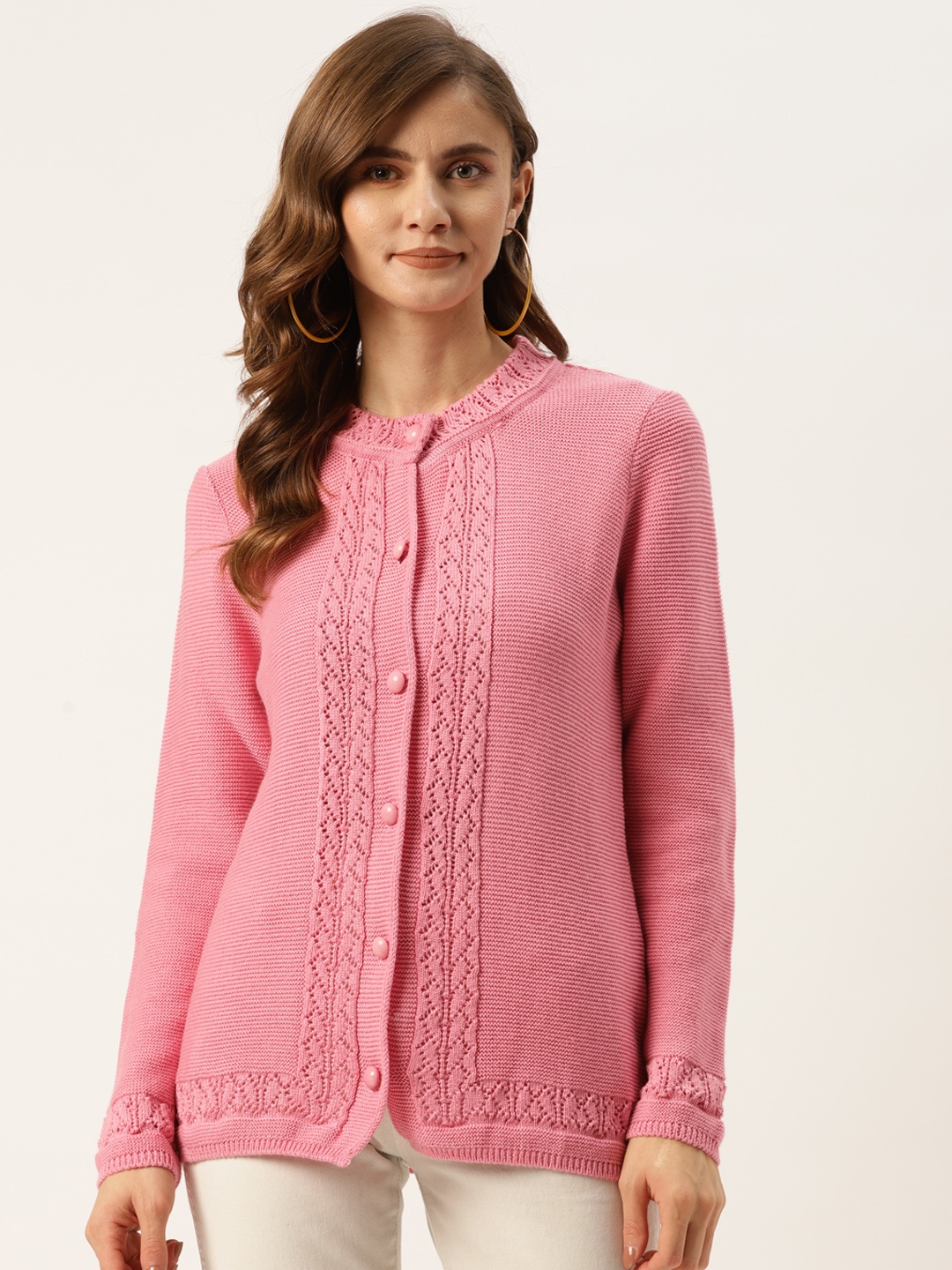 

American Eye Women Pink Self Design Longline Cardigan with Open Knit Detail