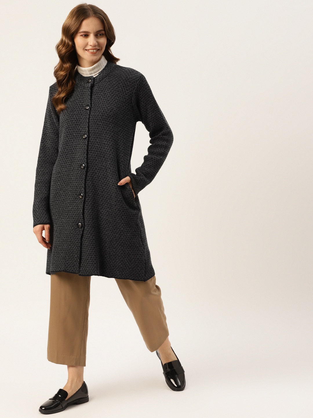 

American Eye Women Charcoal Grey & Black Chevron Longline Cardigan