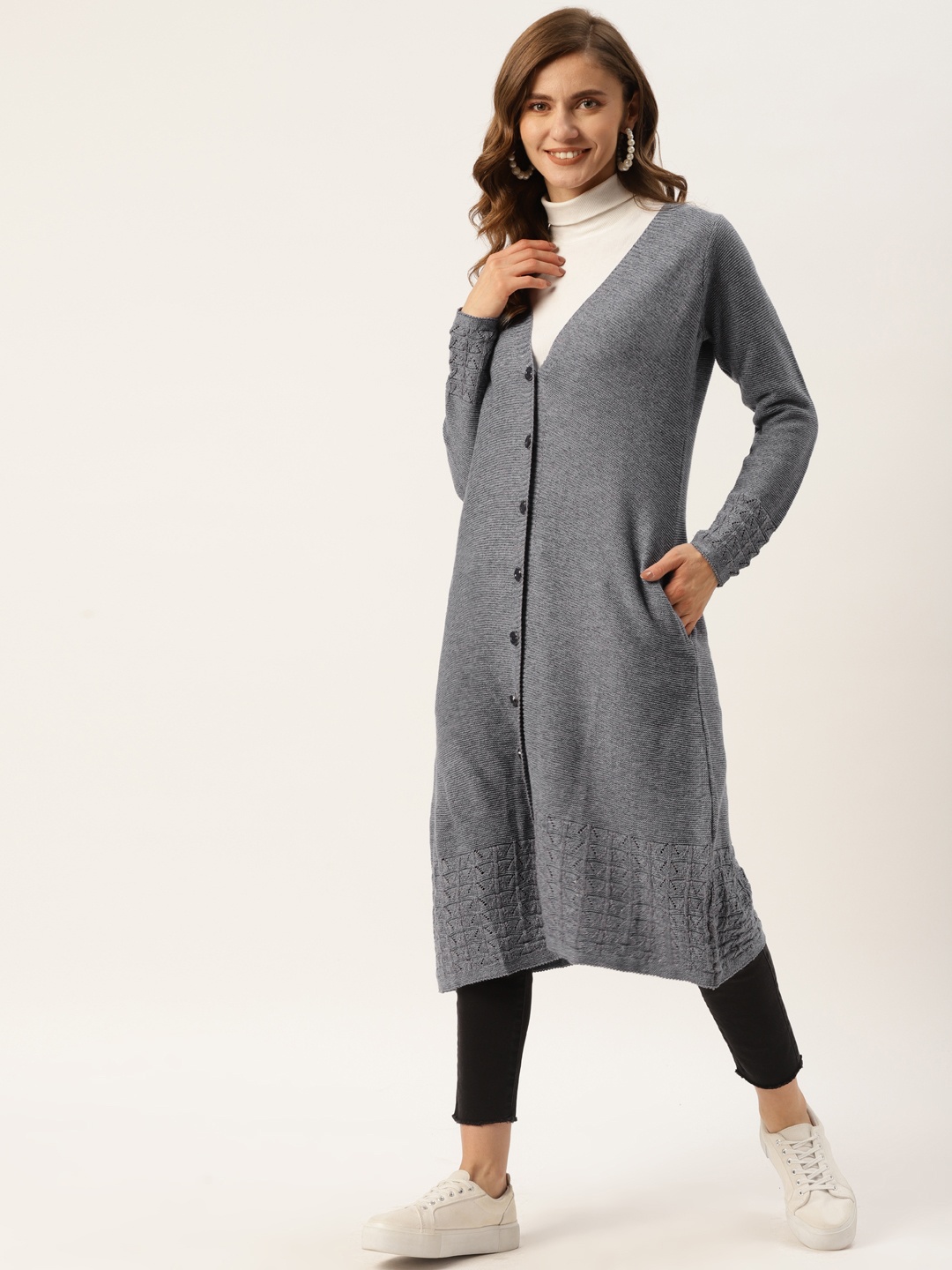 

American Eye Women Blue Melange Effect Longline Cardigan with Open Knit Hem