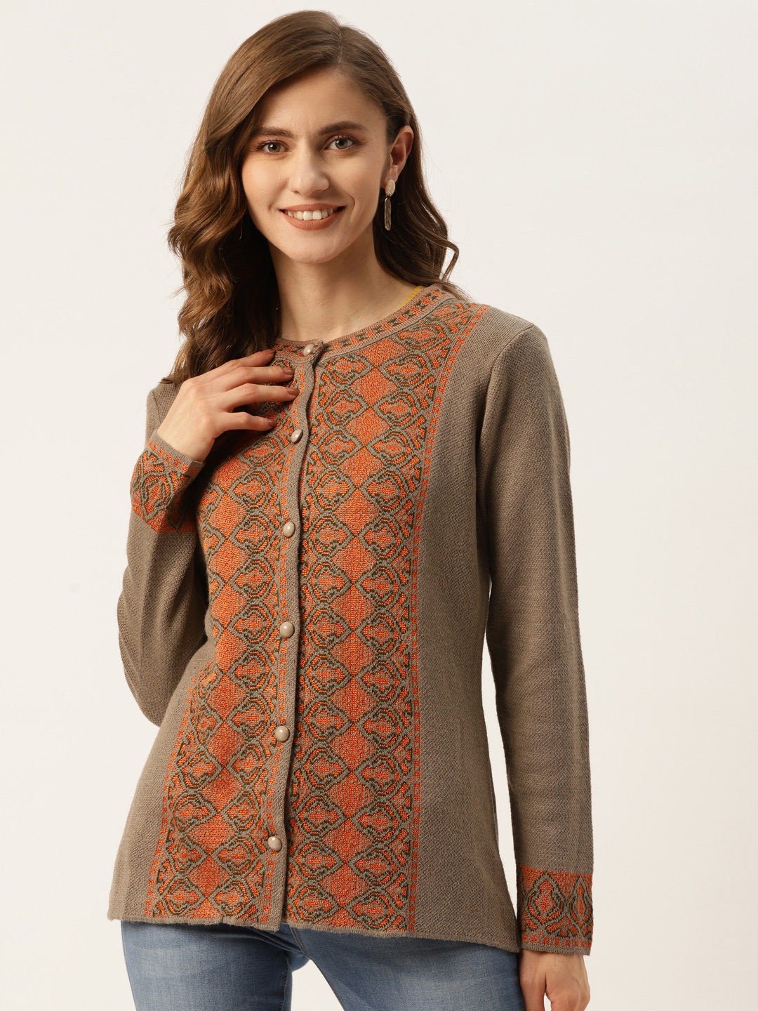 

American Eye Women Grey & Orange Ethnic Motifs Woven Design Cardigan